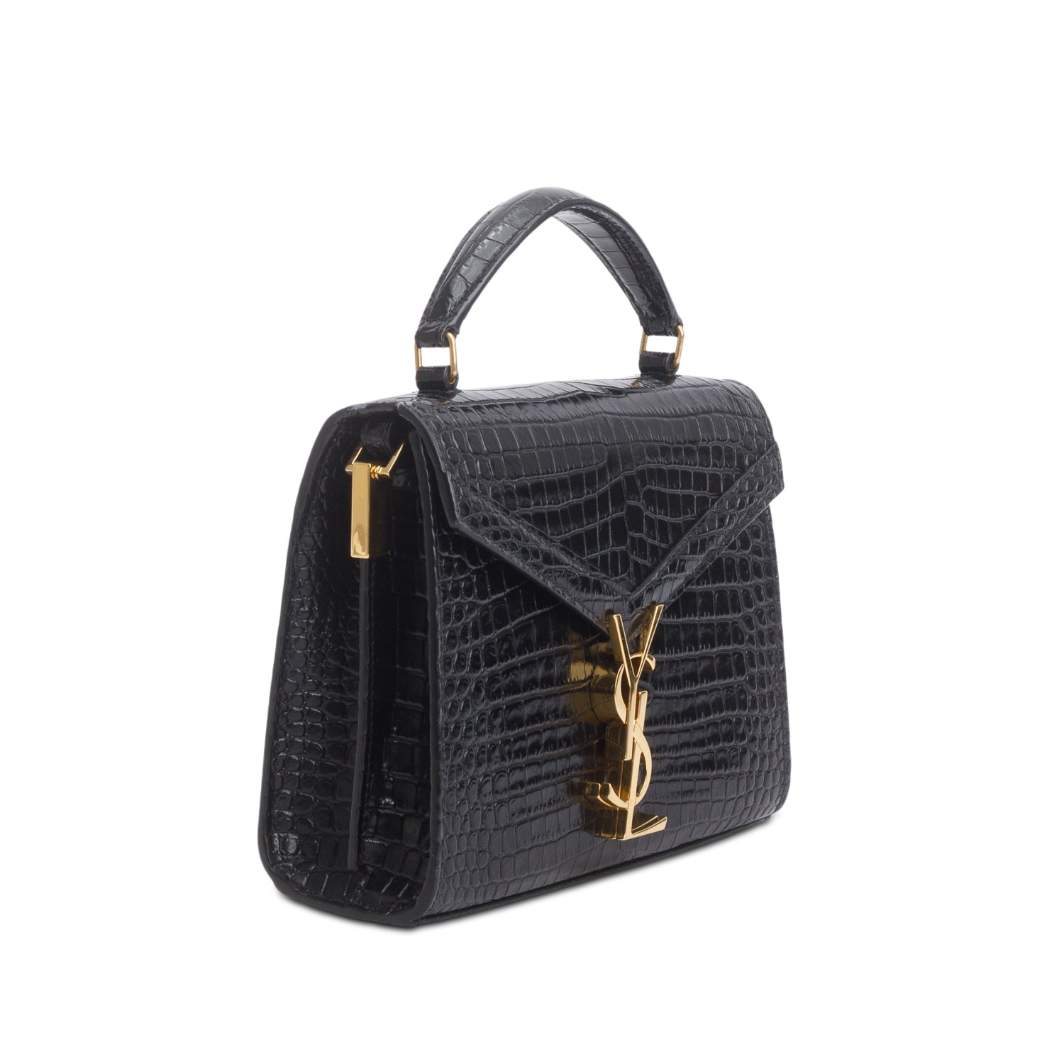 Saint Laurent Black Calfskin Croc Embossed Mini Classic Monogram Cassandre Top Handle w/ Strap