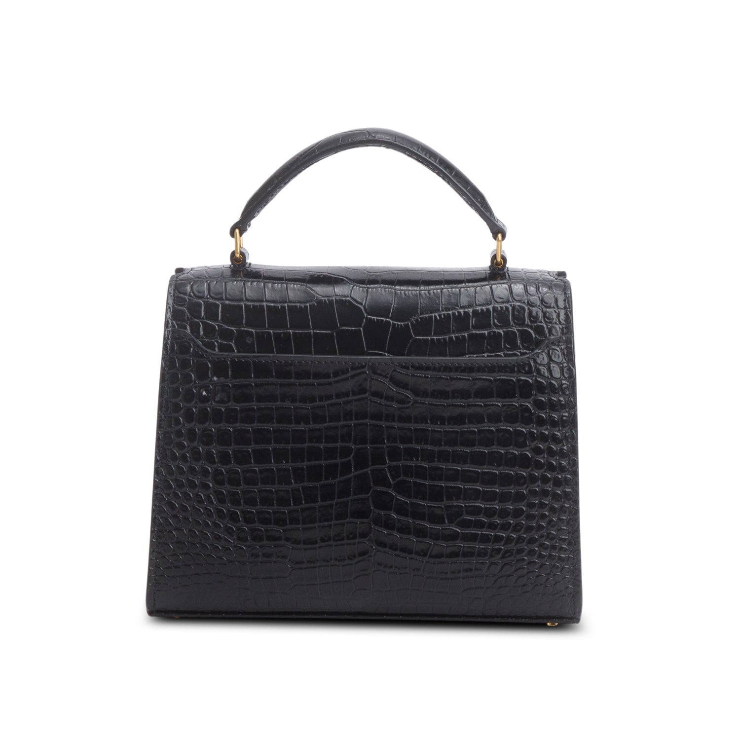 Saint Laurent Black Calfskin Croc Embossed Mini Classic Monogram Cassandre Top Handle w/ Strap