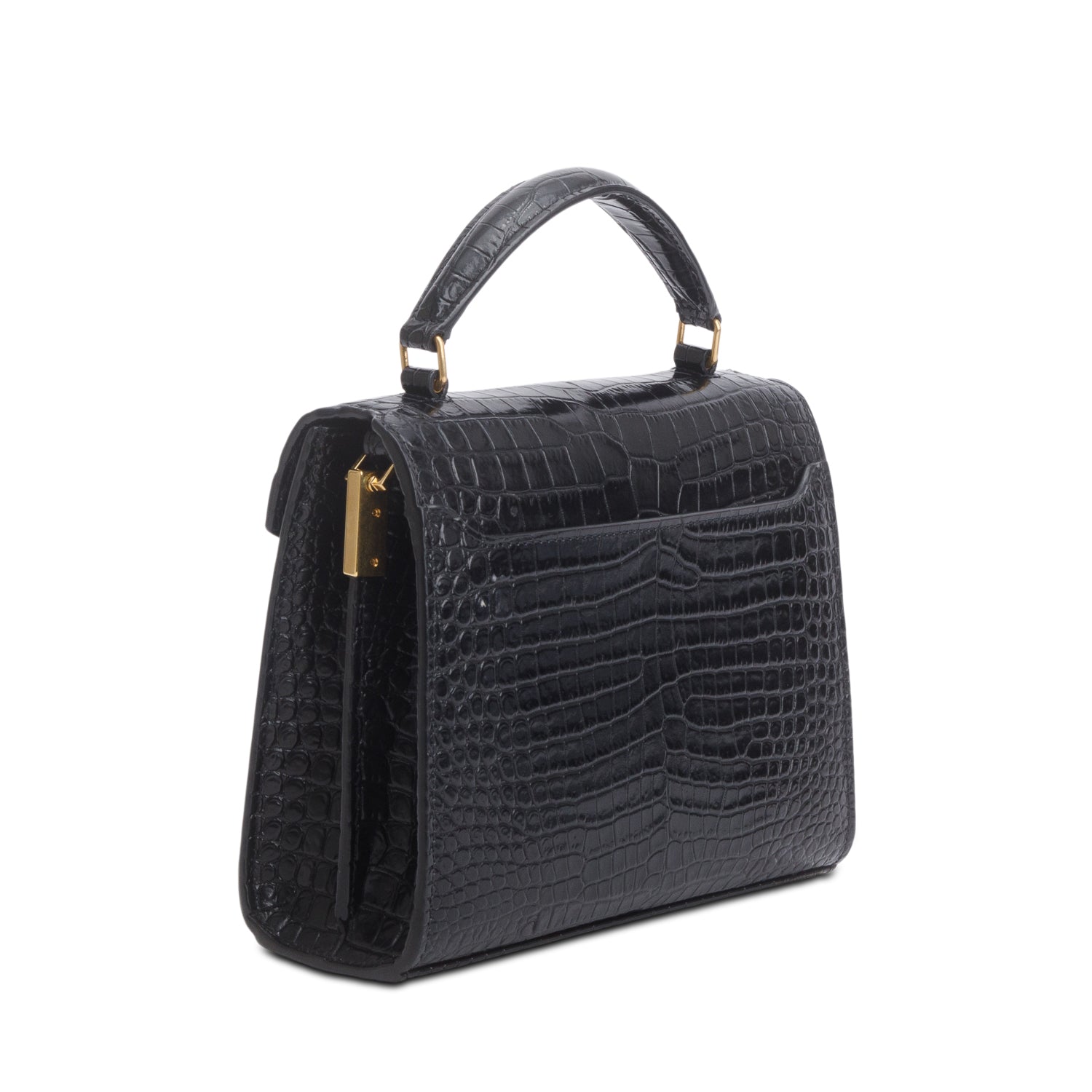 Saint Laurent Black Calfskin Croc Embossed Mini Classic Monogram Cassandre Top Handle w/ Strap