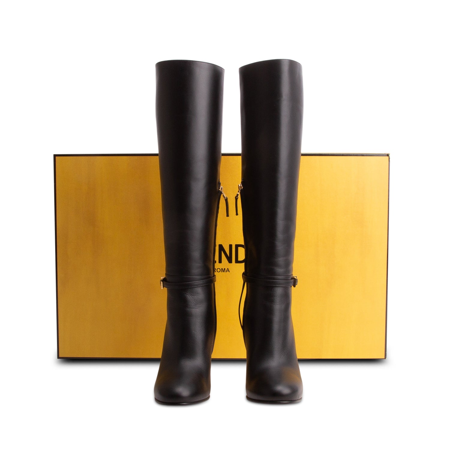 Fendi Black Vitello Leather Delfina Knee High Boots 105, Women's Size 38 w/ Box