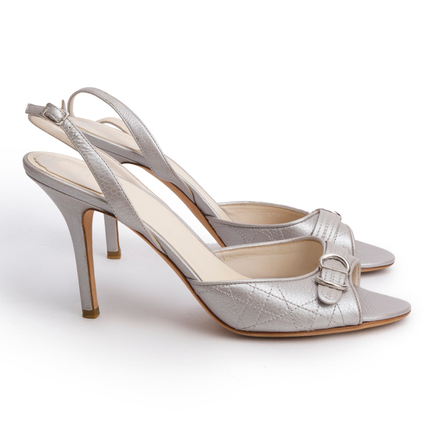 Christian Dior Silver Calfskin Cannage Slingback Sandals, Women's Size 41 w/ Box