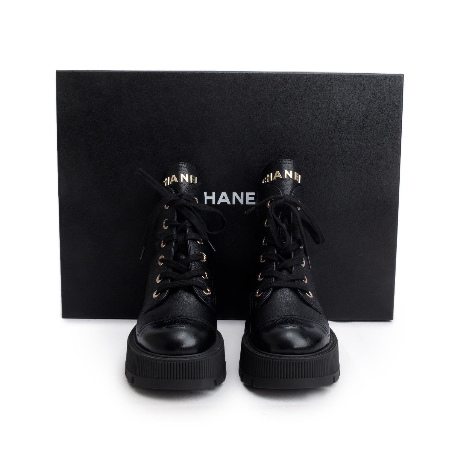 Chanel Black Shiny Grained Calfskin CC Lace Up Combat Boots, Women's Size 37.5 w/ Box