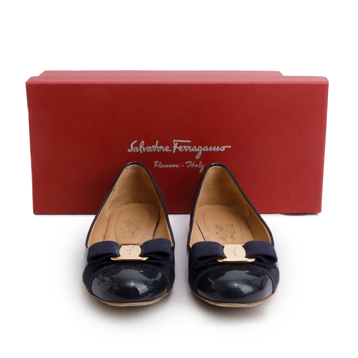 Ferragamo Navy Patent Leather Varina Bow Flats, Women's Size 7 w/ Box