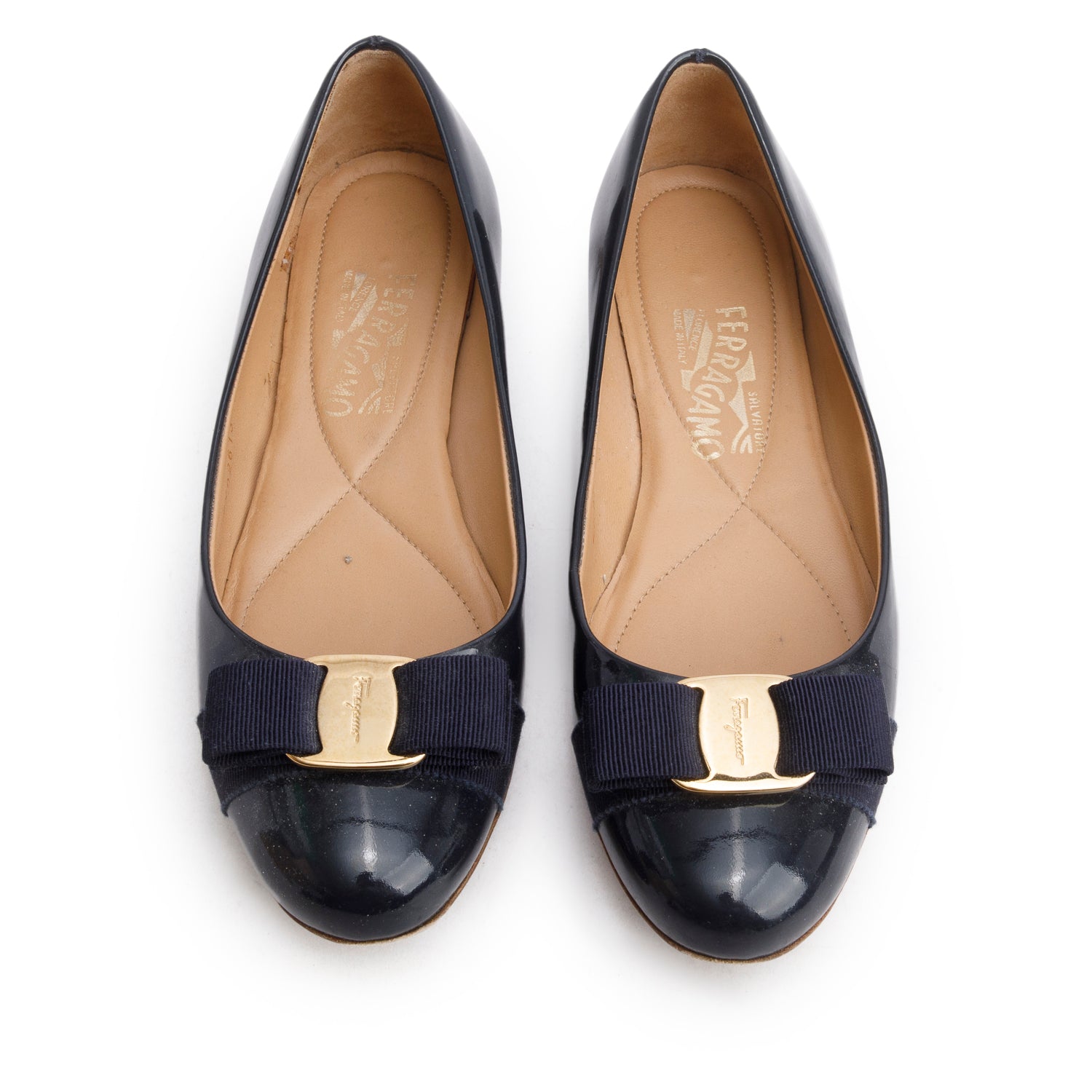 Ferragamo Navy Patent Leather Varina Bow Flats, Women's Size 7 w/ Box