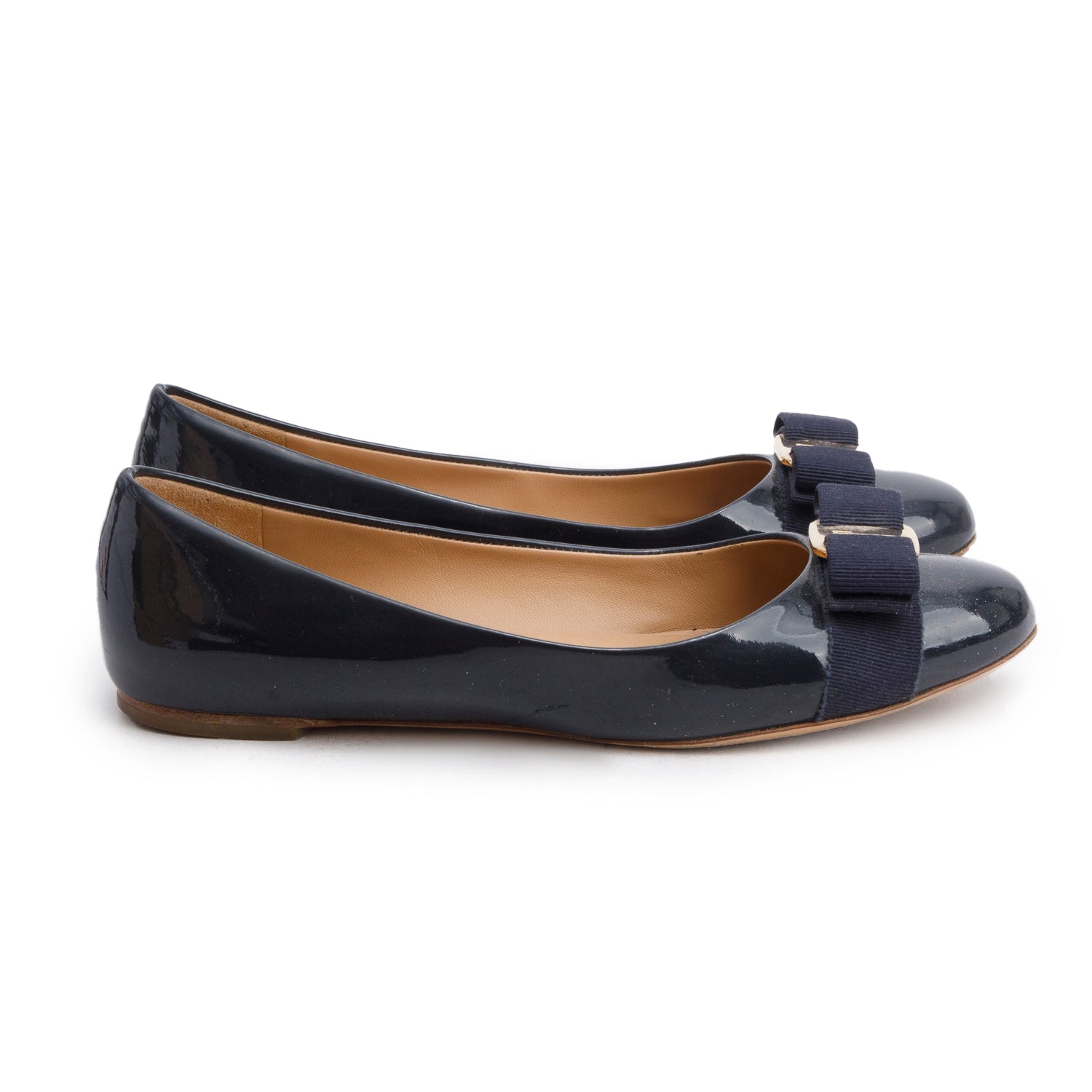 Ferragamo Navy Patent Leather Varina Bow Flats, Women's Size 7 w/ Box