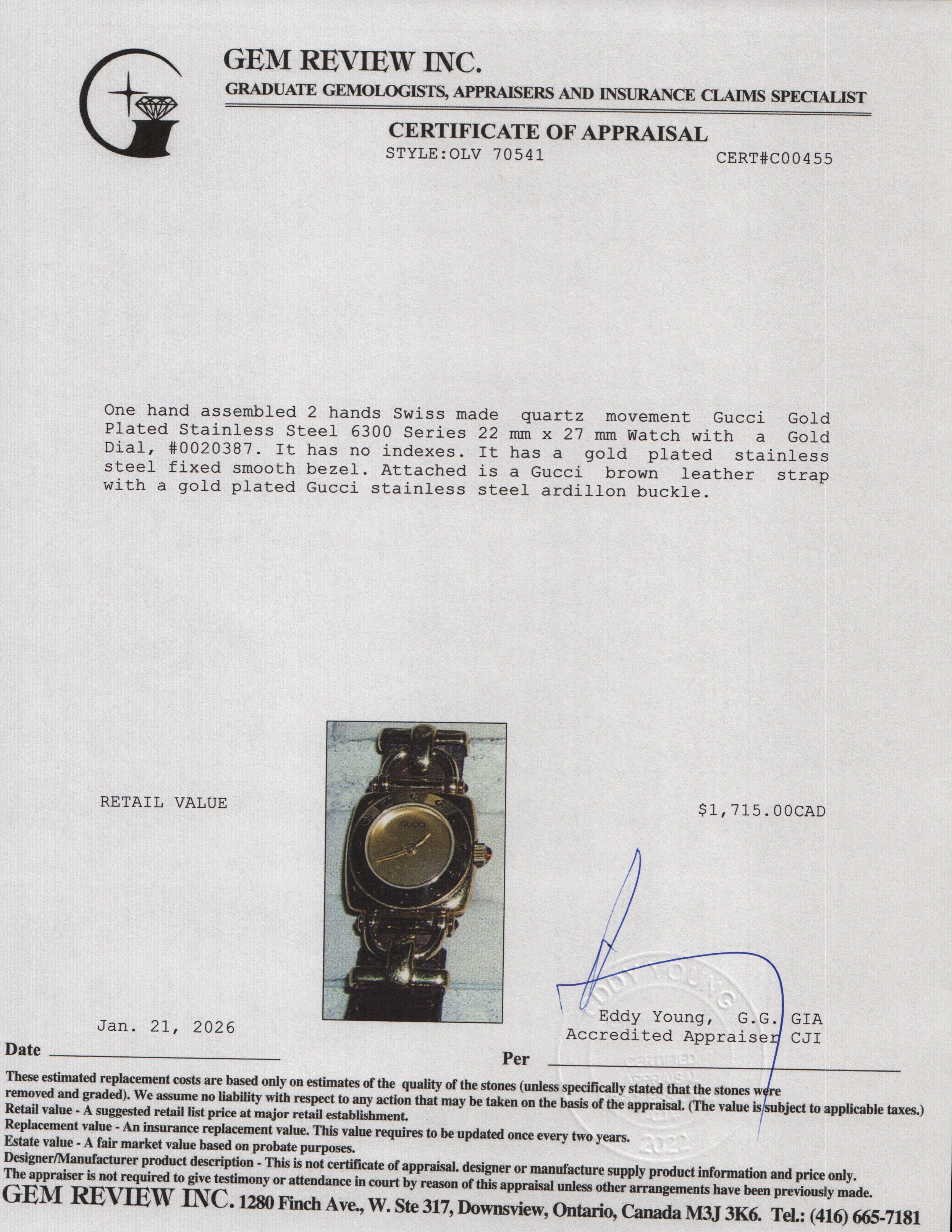 Gucci Gold Plated Stainless Steel 6300 Series Watch Gold Dial