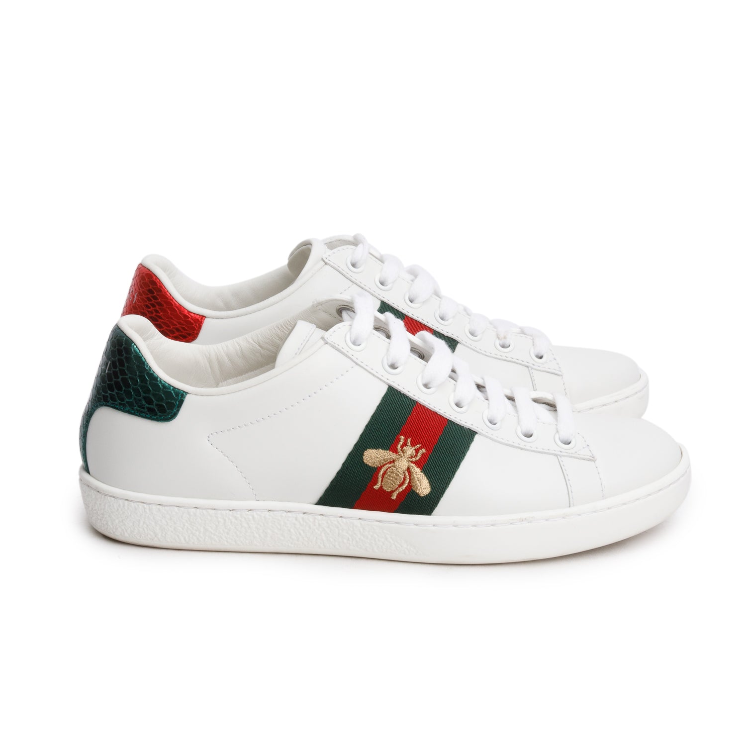 Gucci White Leather Embroidered Web Bee Ace Sneakers, Women's Size 36 w/ Box