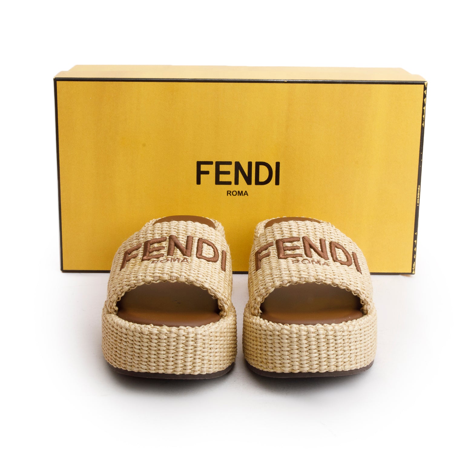 Fendi Beige Raffia Logo Platform Espadrilles, Women's Size 37 w/ Box