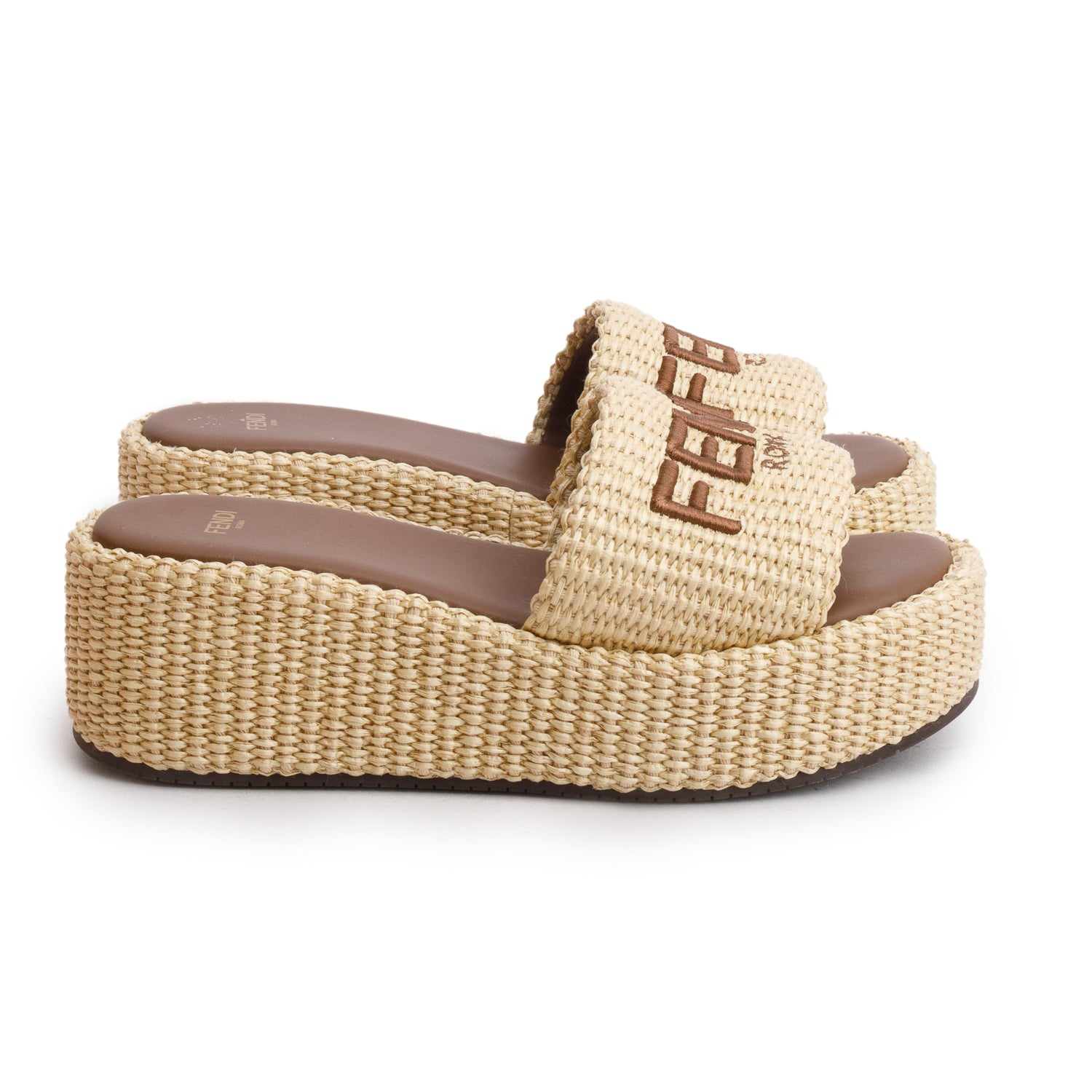 Fendi Beige Raffia Logo Platform Espadrilles, Women's Size 37 w/ Box