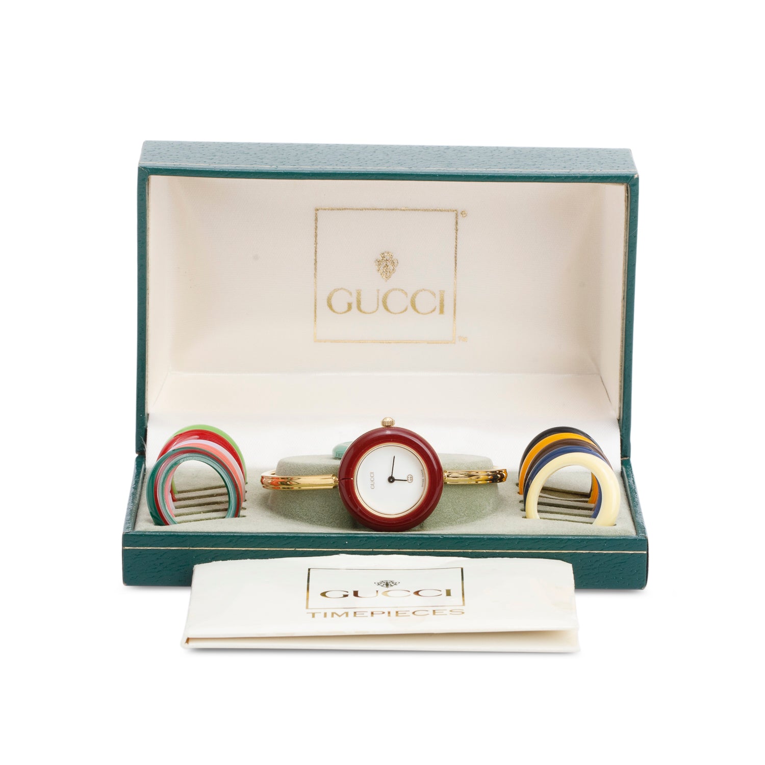 Gucci Gold Plated Stainless Steel 1100 Series 26MM Watch w/ Box & 12 Multicolour Interchangeable Bezels w/ Box & Papers