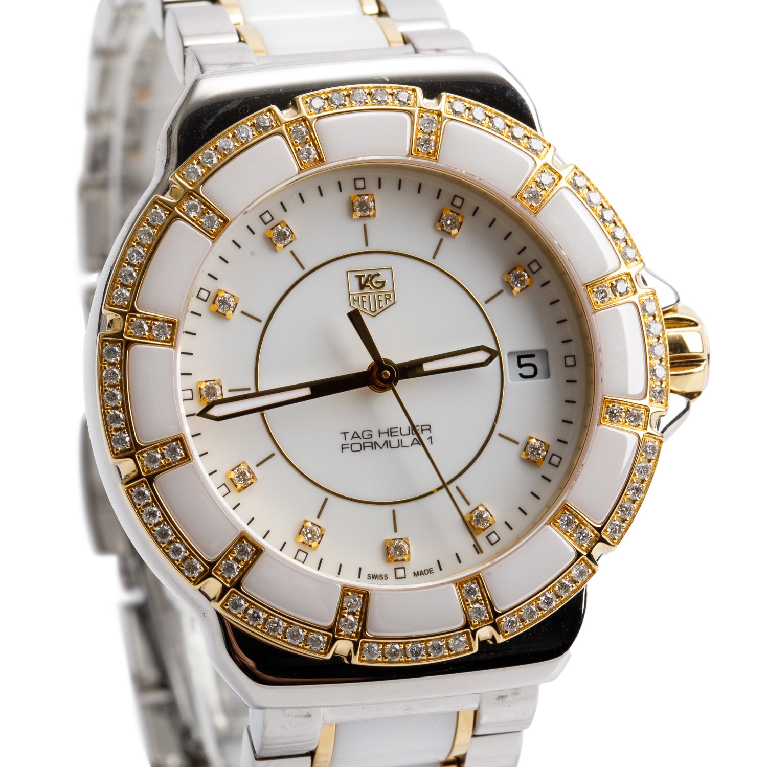 Tag Heuer Stainless Steel & White Ceramic Diamond Bezel Formula 1 37 MM Quartz Watch Diamond White Dial WAH1221