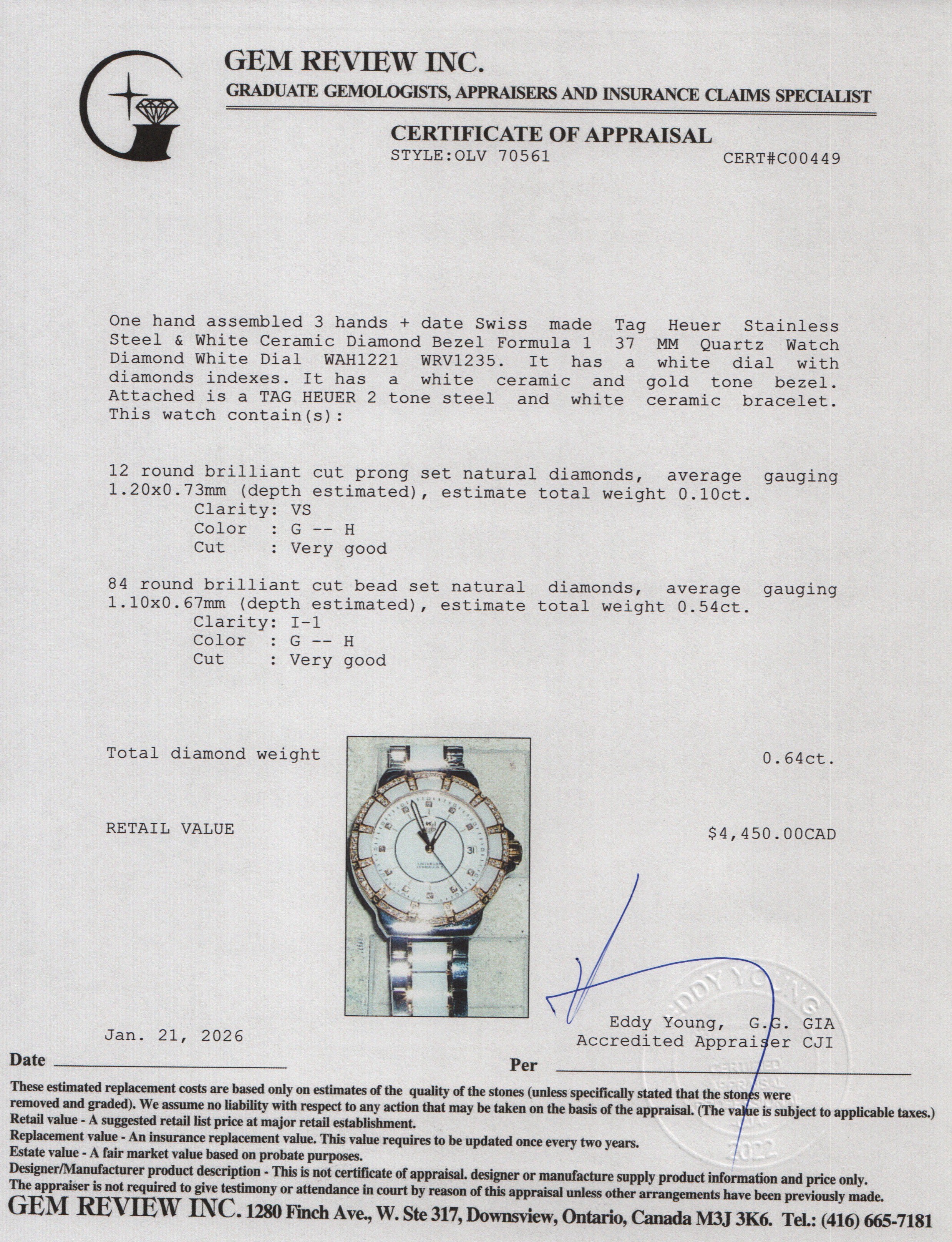 Tag Heuer Stainless Steel & White Ceramic Diamond Bezel Formula 1 37 MM Quartz Watch Diamond White Dial WAH1221