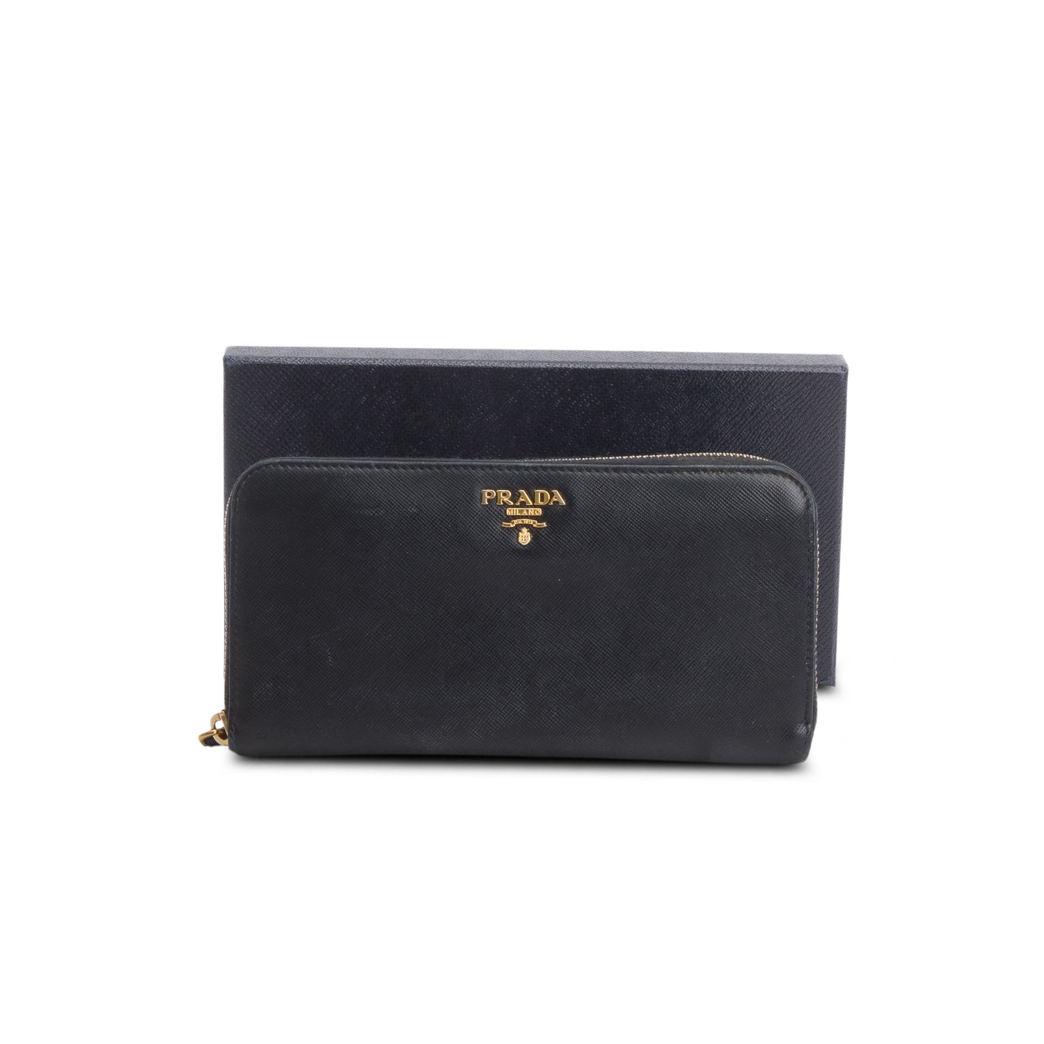 Prada Black Saffiano Leather Metal Zip Around Wallet w/ Box
