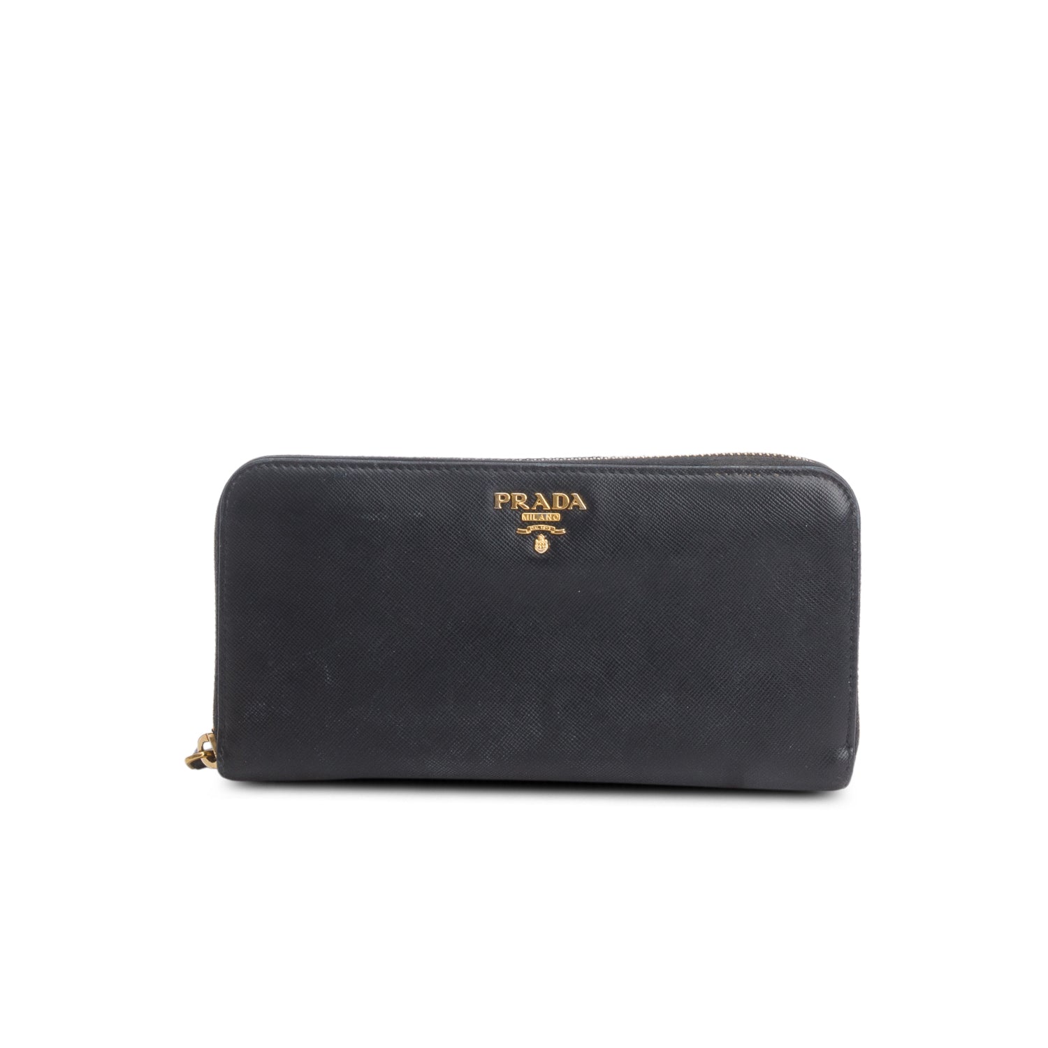 Prada Black Saffiano Leather Metal Zip Around Wallet w/ Box