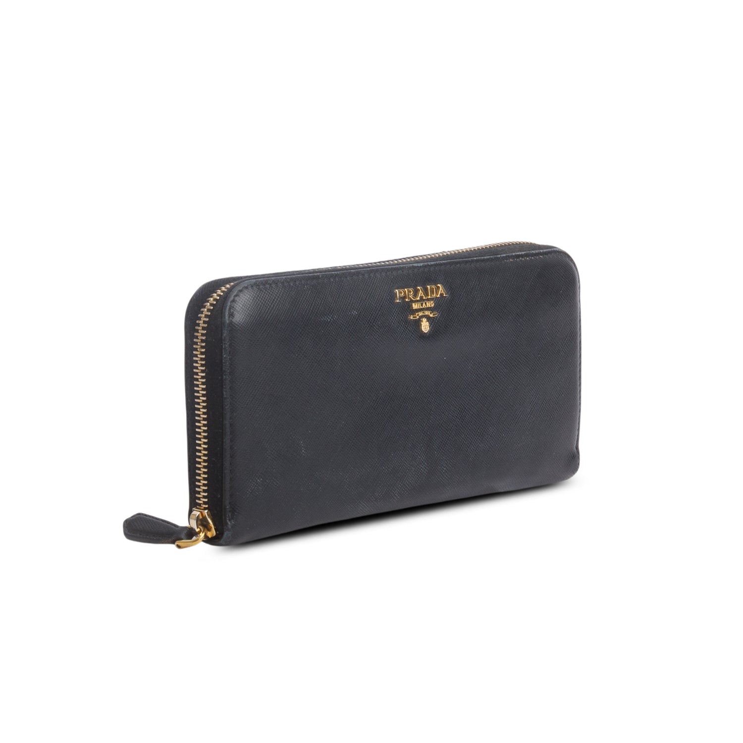 Prada Black Saffiano Leather Metal Zip Around Wallet w/ Box