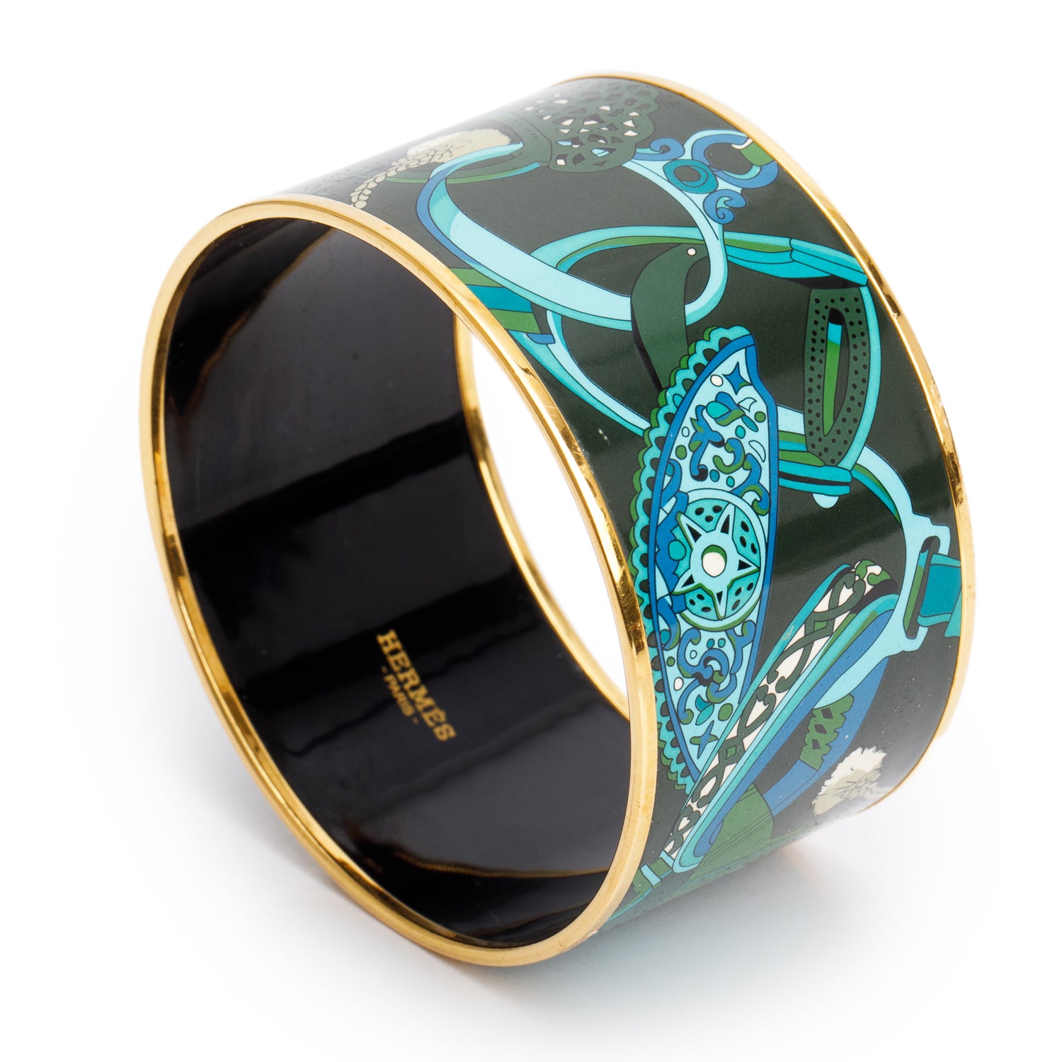 Hermes Gold-Plated Green/Multicolor Enamel Extra Wide Bangle w/ Box