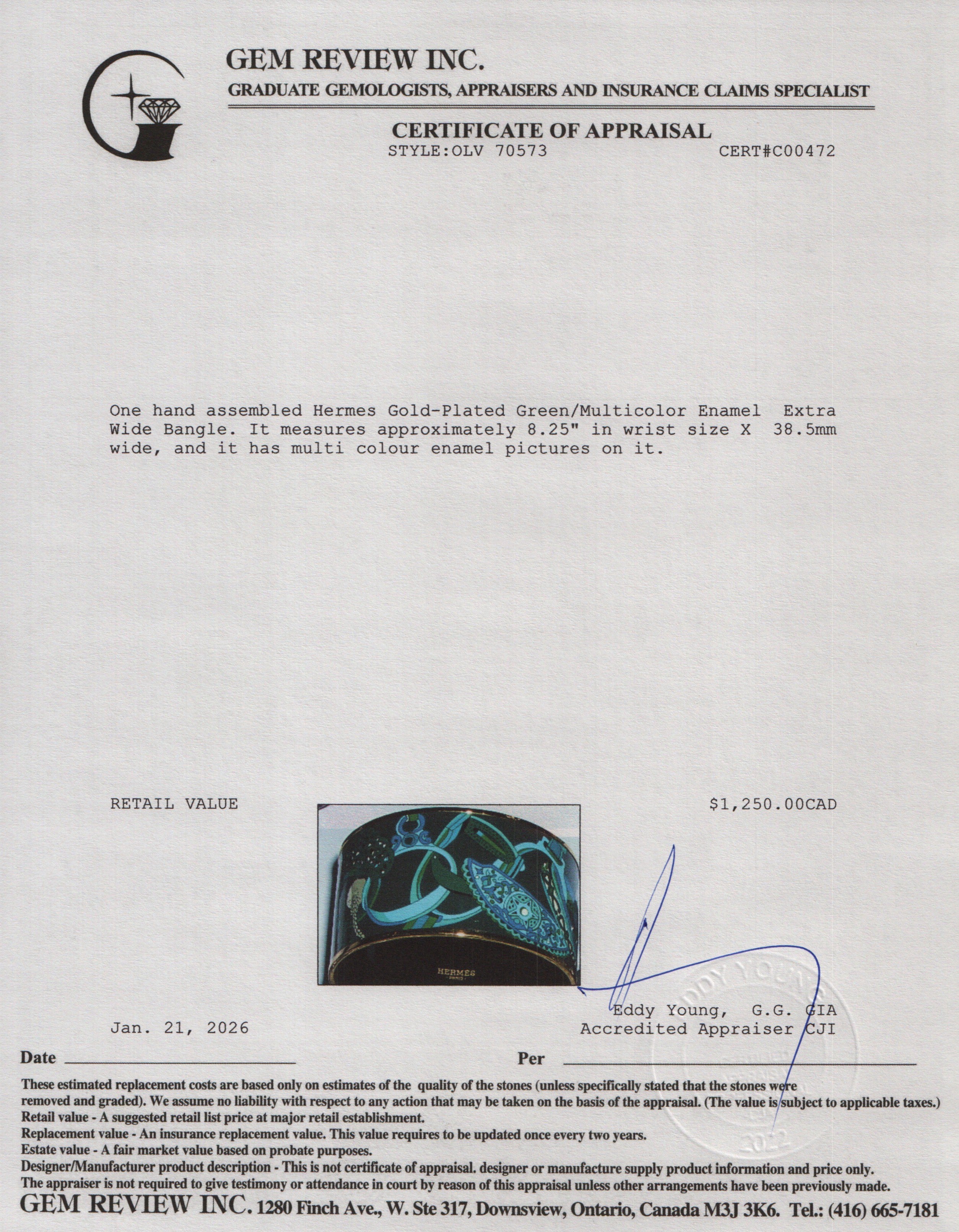 Hermes Gold-Plated Green/Multicolor Enamel Extra Wide Bangle w/ Box