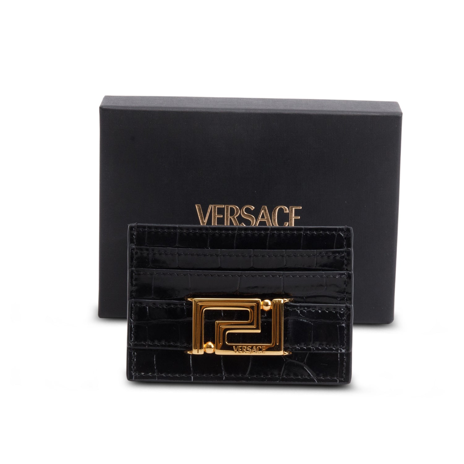 Versace Black Croc Embossed Patent Leather Grega Goddess Card Holder w/ Box