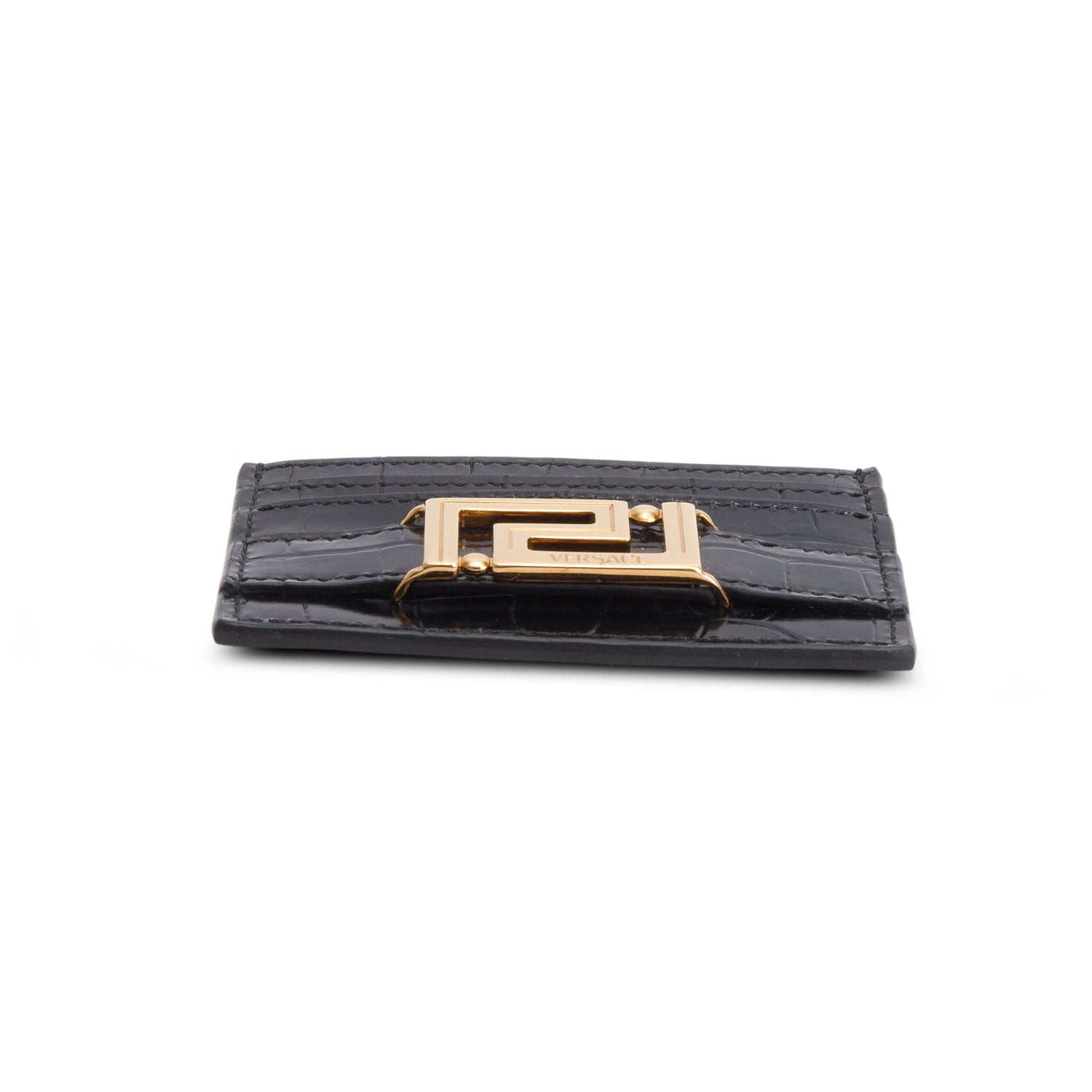 Versace Black Croc Embossed Patent Leather Grega Goddess Card Holder w/ Box