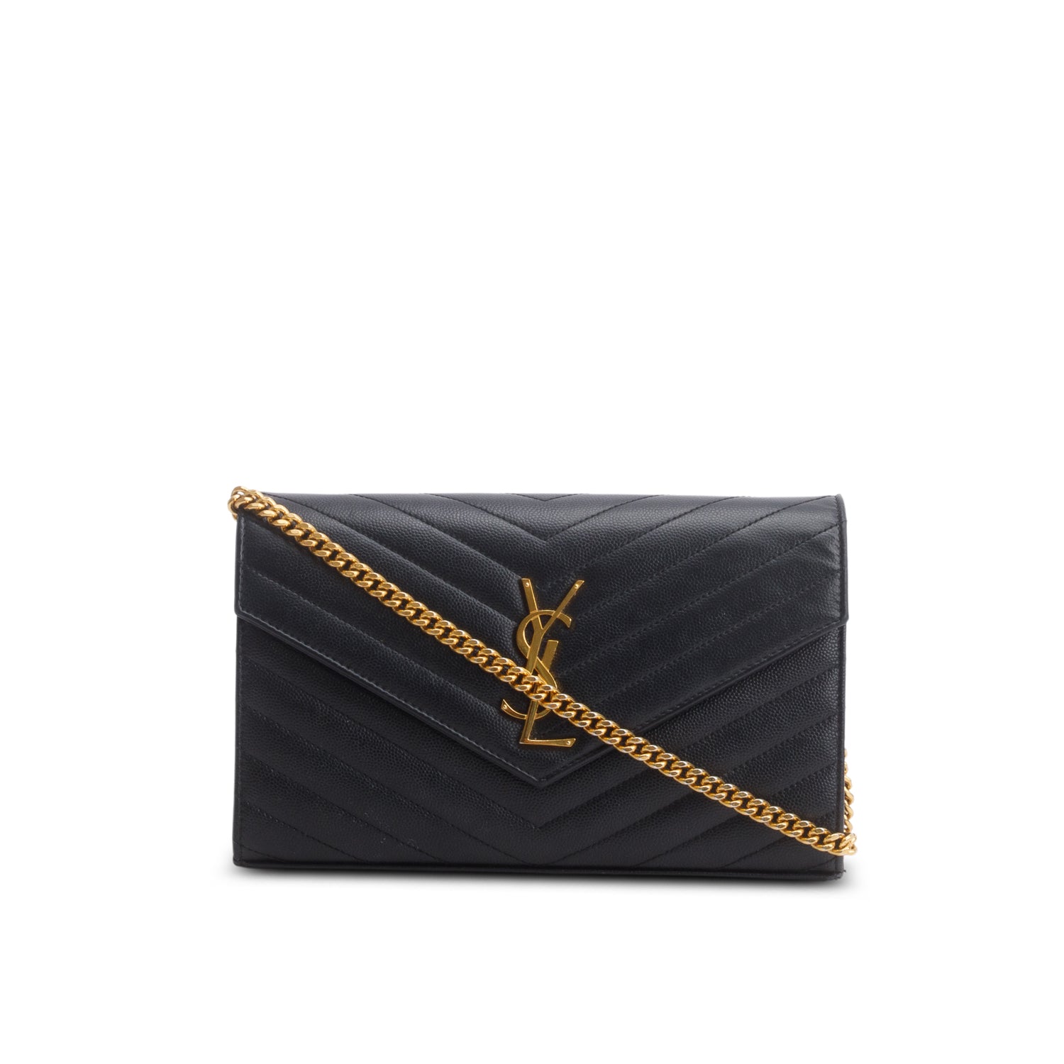 Saint Laurent 2022 Black Grain De Poudre Cassandre Envelope Chain Wallet