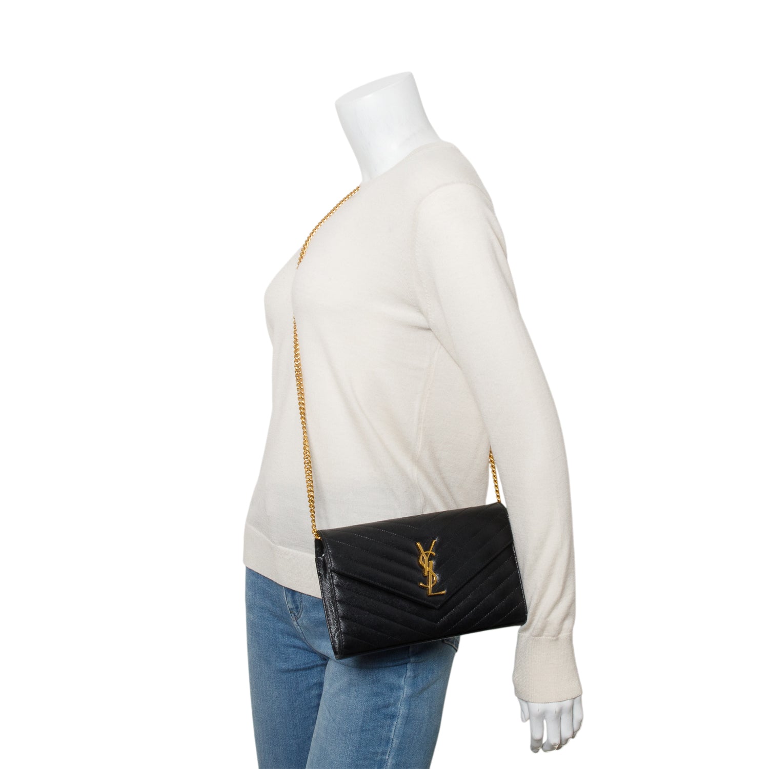 Saint Laurent 2022 Black Grain De Poudre Cassandre Envelope Chain Wallet