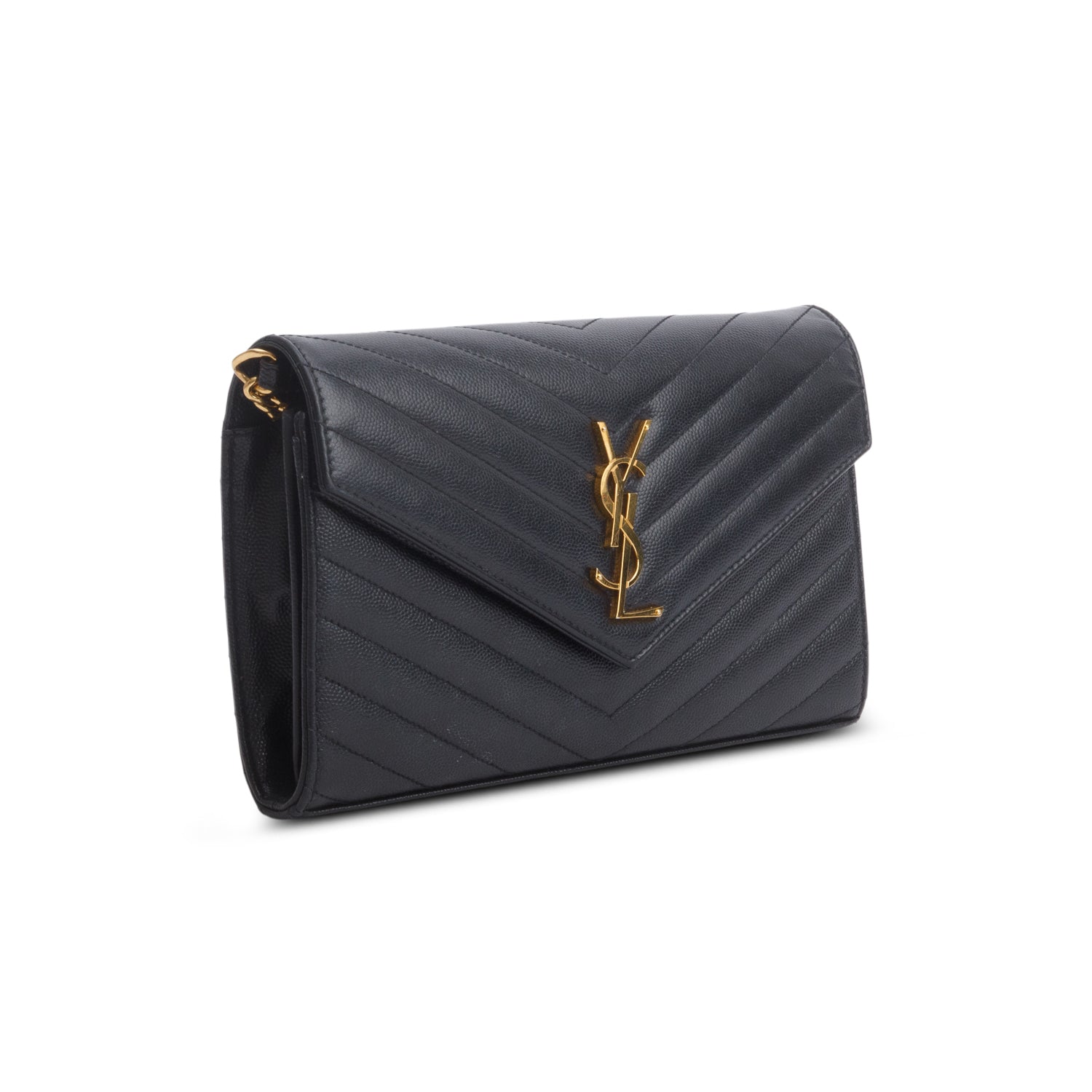 Saint Laurent 2022 Black Grain De Poudre Cassandre Envelope Chain Wallet