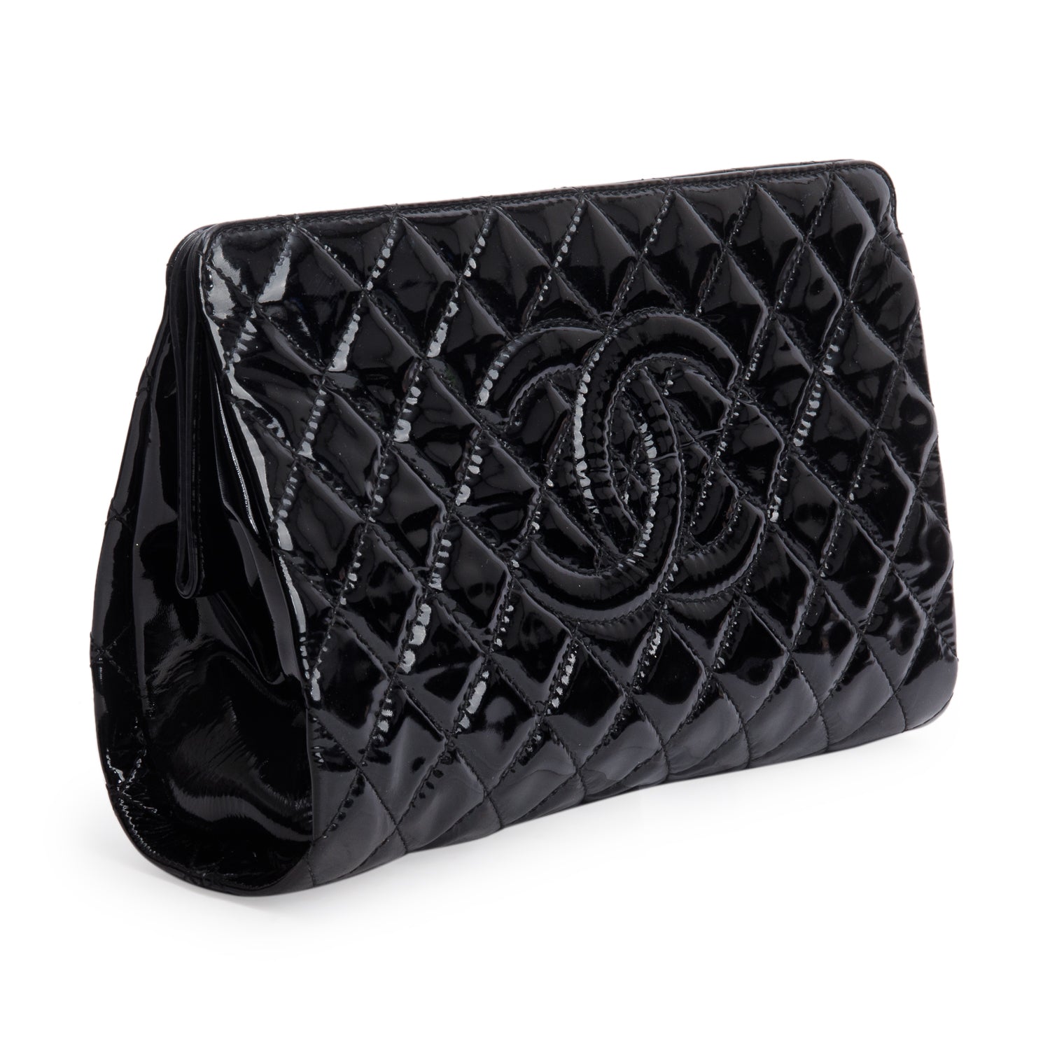 Chanel Black Patent Leather Quilted Timeless Clutch w/ Authenticity Card