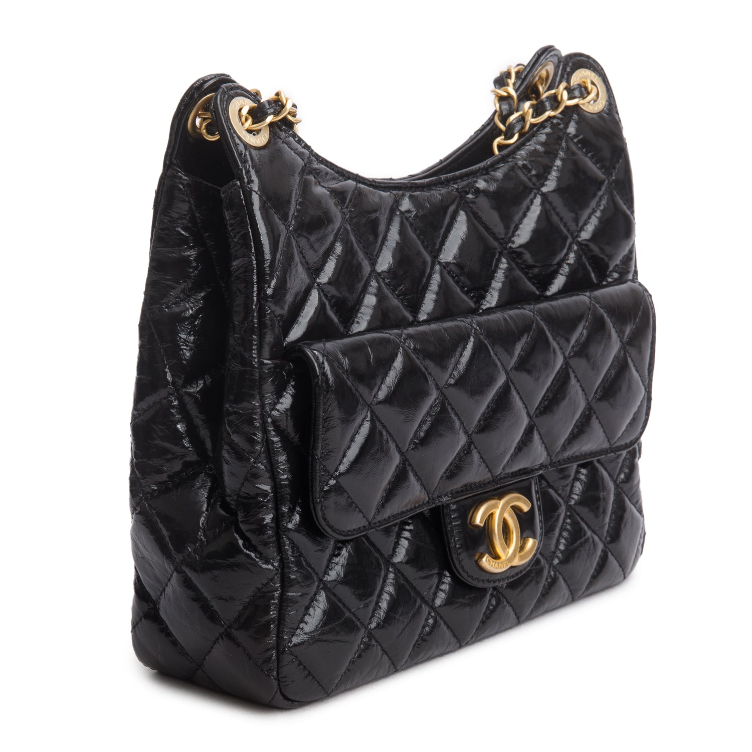 Chanel Black Shiny Crumpled Calfskin Quilted Wavy CC Hobo w/ Box