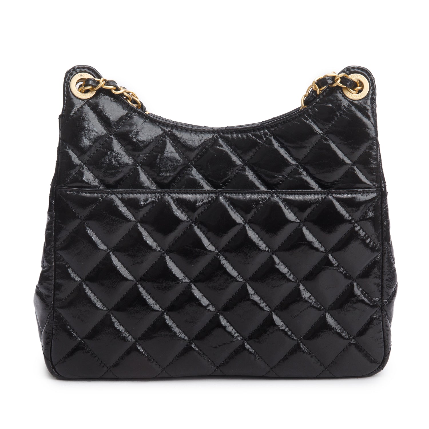 Chanel Black Shiny Crumpled Calfskin Quilted Wavy CC Hobo w/ Box