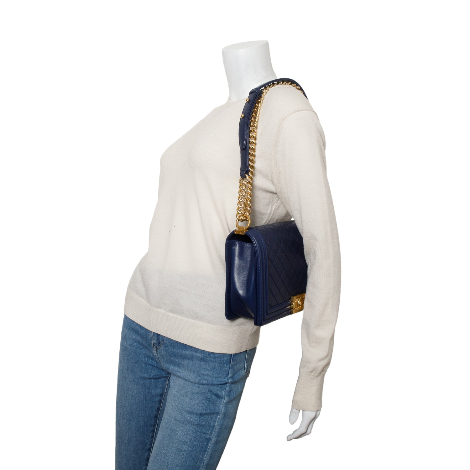 Chanel Blue Calfskin Quilted Leather Large Boy Bag w/ Authenticity Card