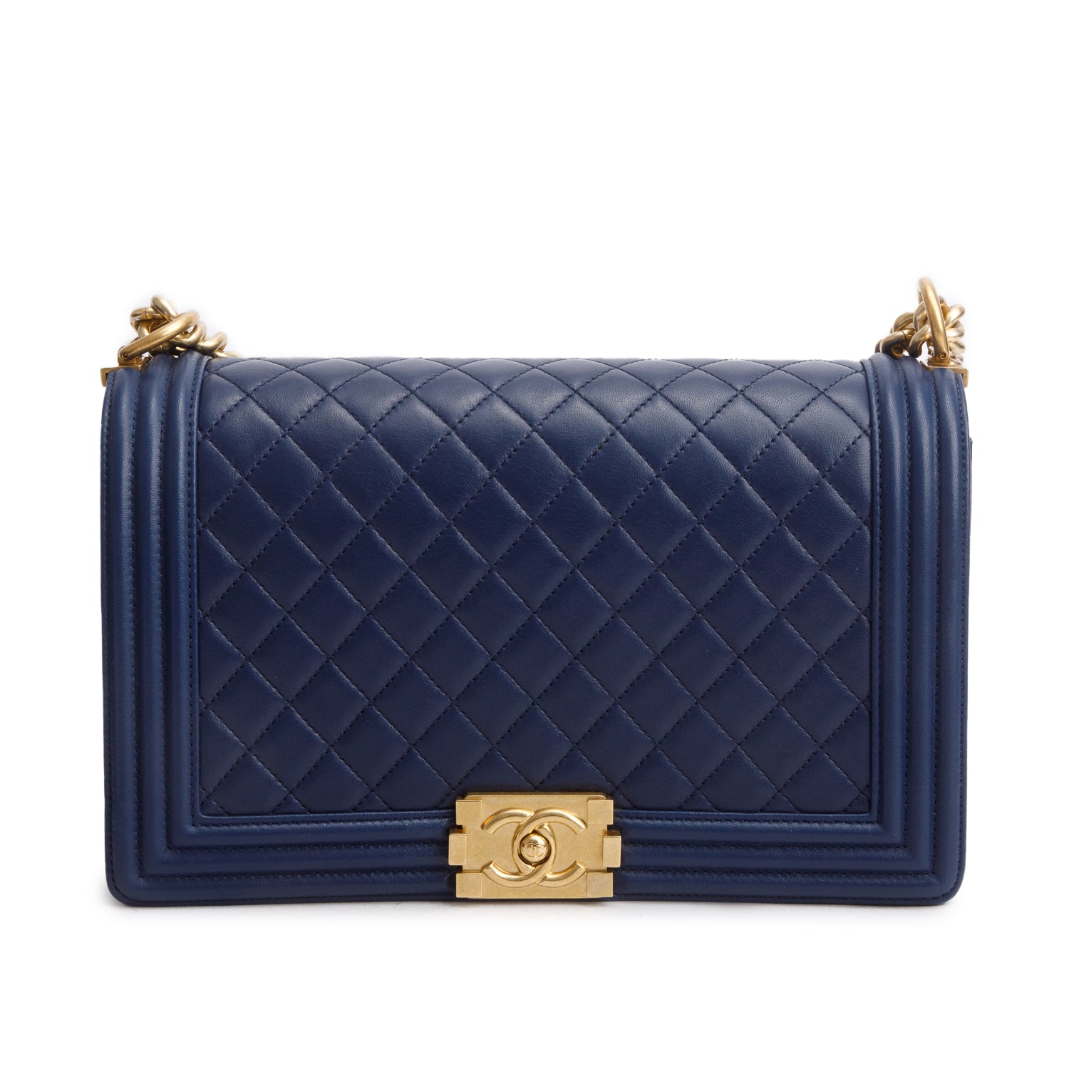 Chanel Blue Calfskin Quilted Leather Large Boy Bag w/ Authenticity Card