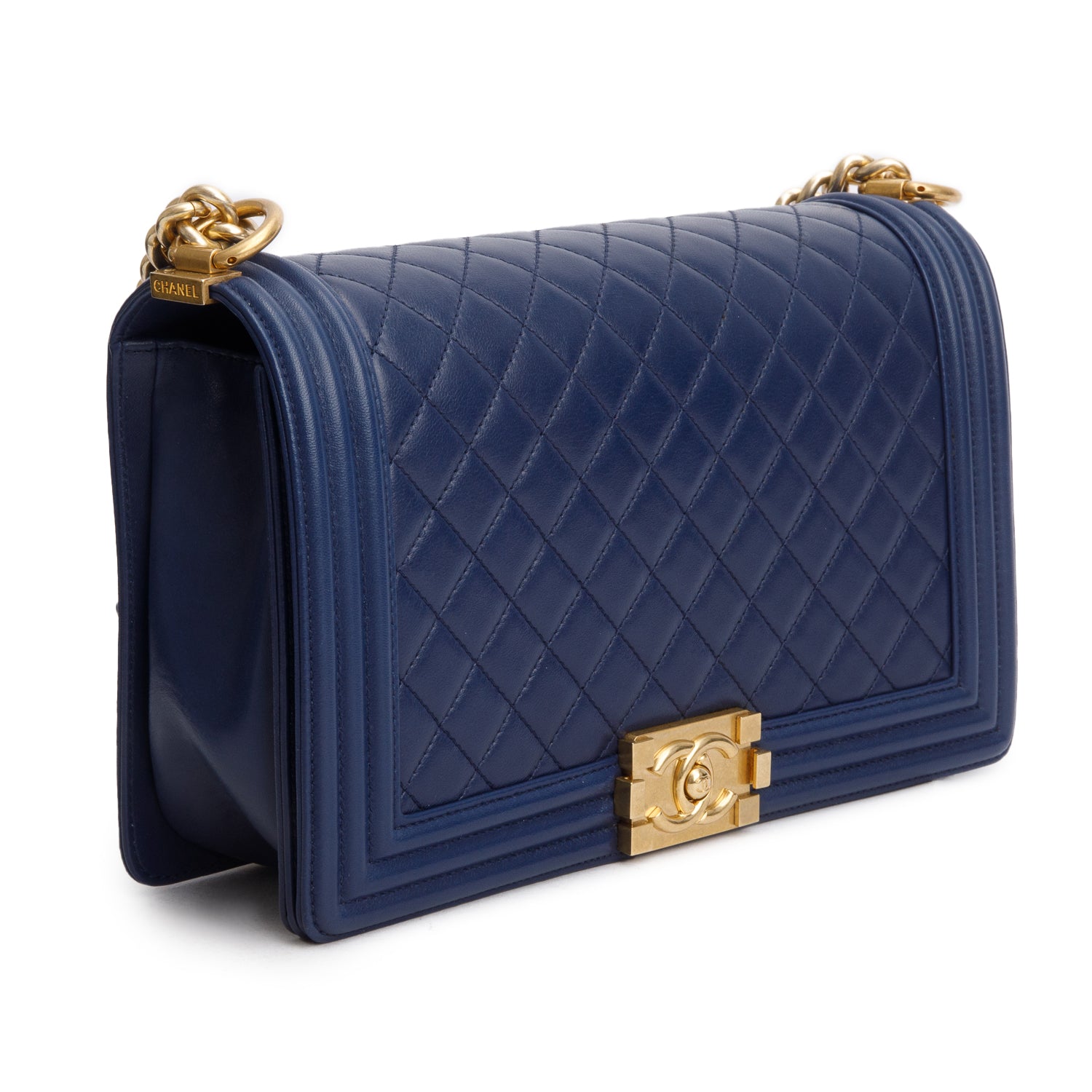 Chanel Blue Calfskin Quilted Leather Large Boy Bag w/ Authenticity Card