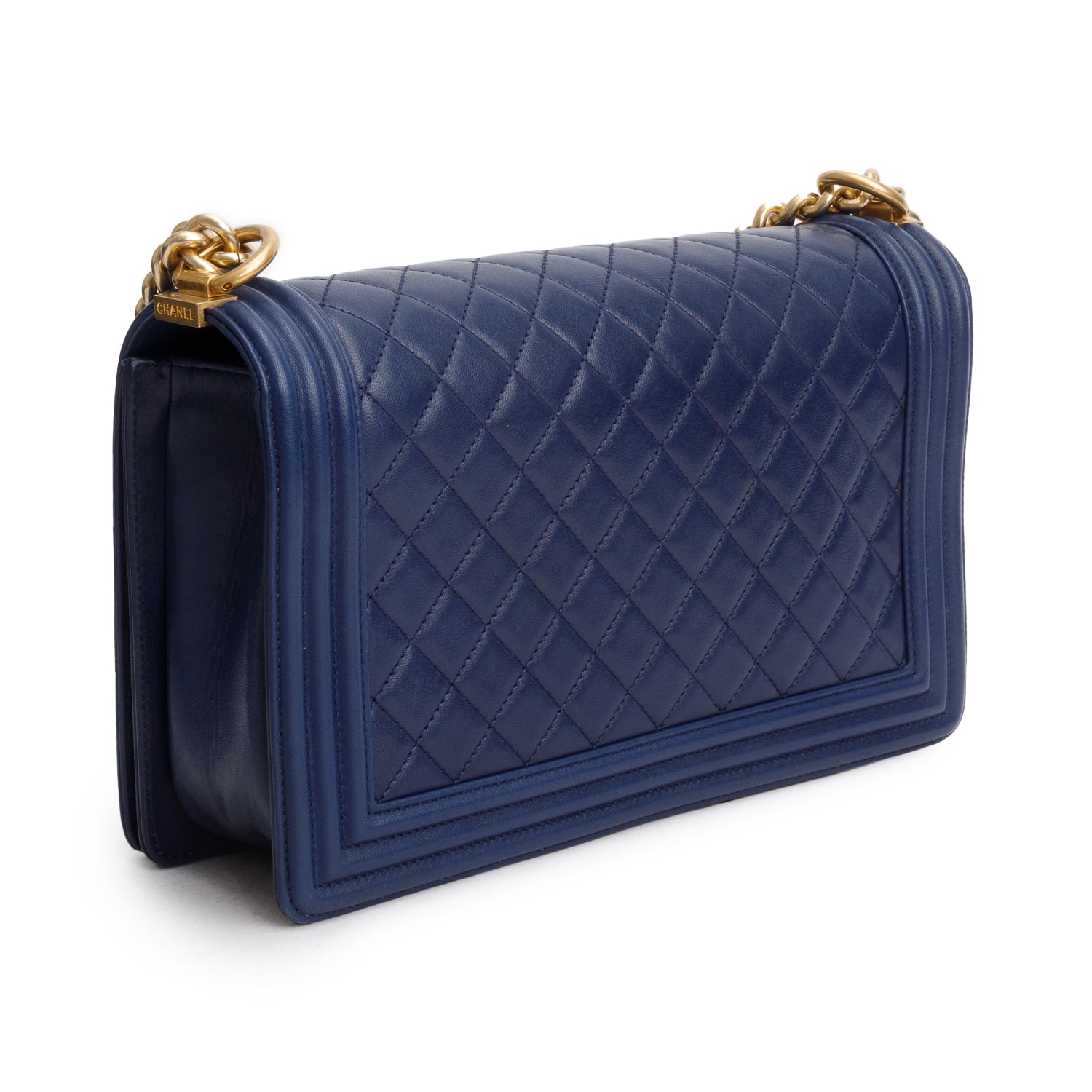 Chanel Blue Calfskin Quilted Leather Large Boy Bag w/ Authenticity Card