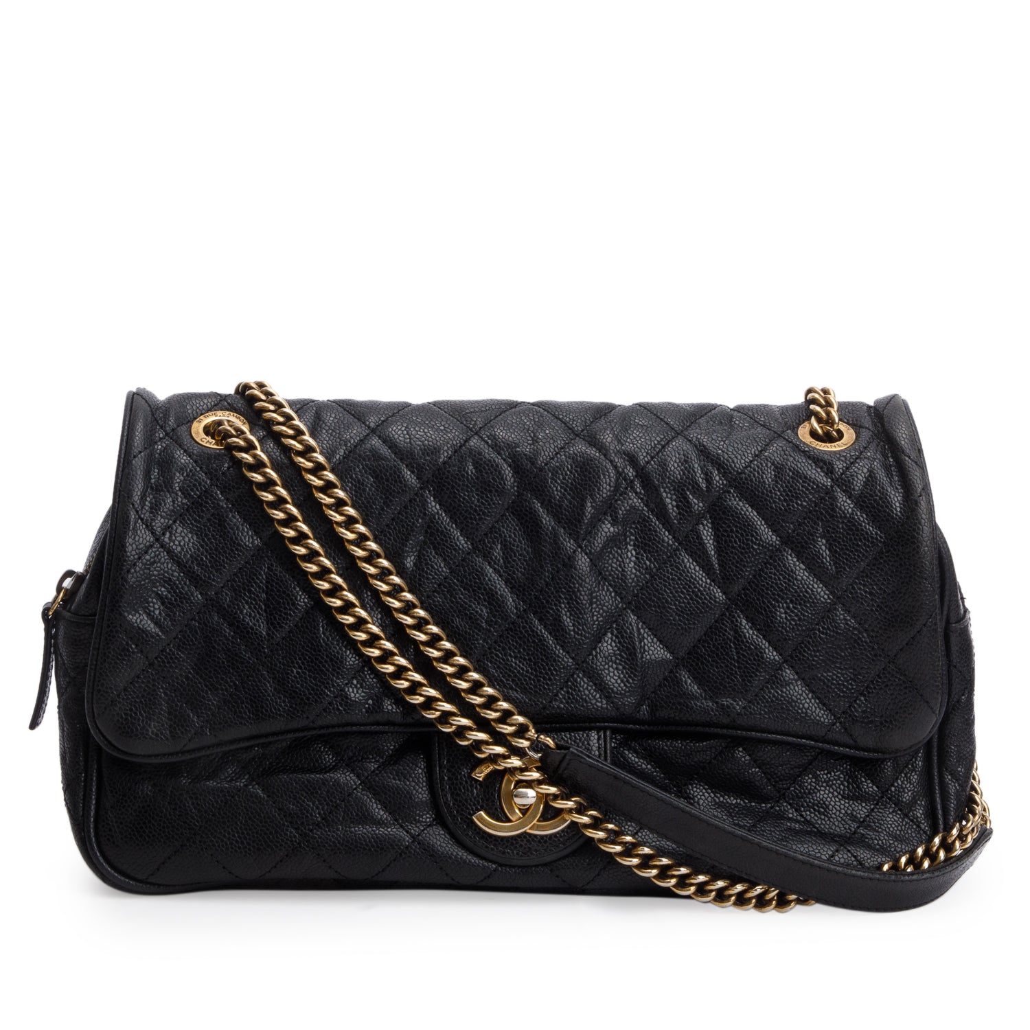Chanel Black Crumpled Grained Calfskin Quilted Large Shiva Bag