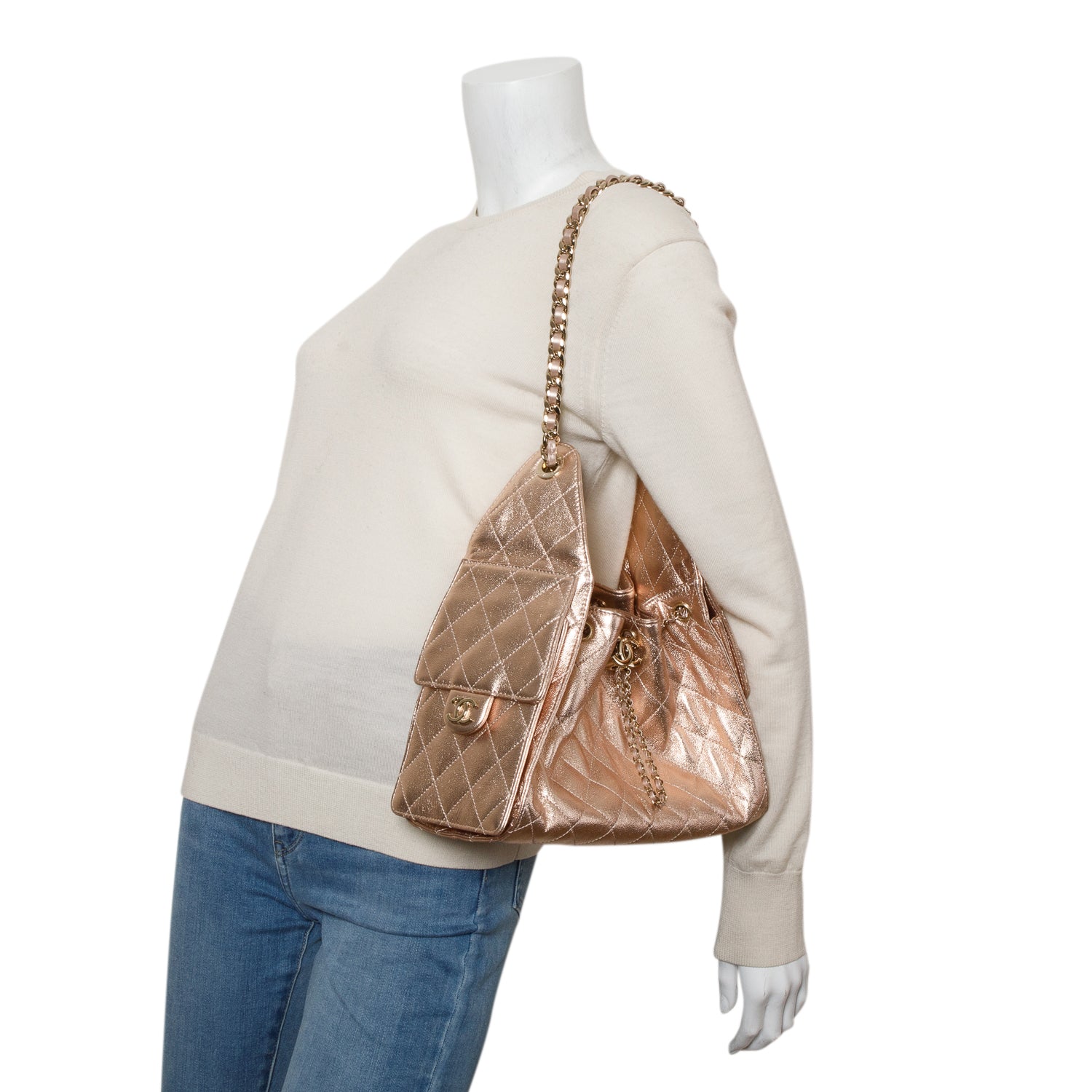 Chanel Pink Metallic Caviar Quilted 25 Small Bucket Bag