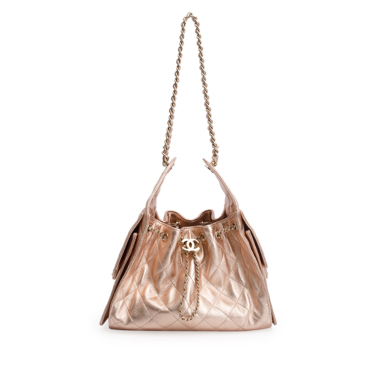 Chanel Pink Metallic Caviar Quilted 25 Small Bucket Bag