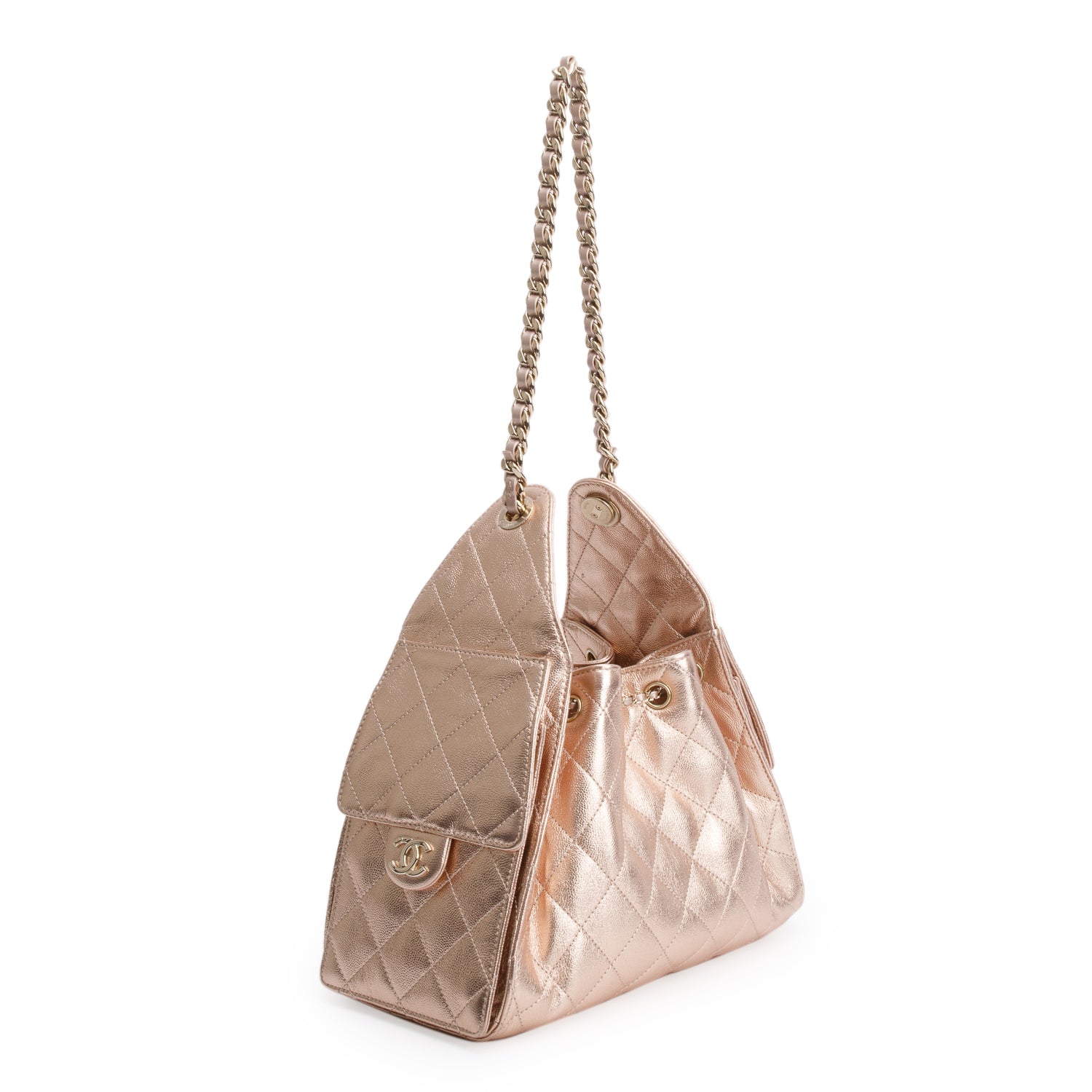 Chanel Pink Metallic Caviar Quilted 25 Small Bucket Bag
