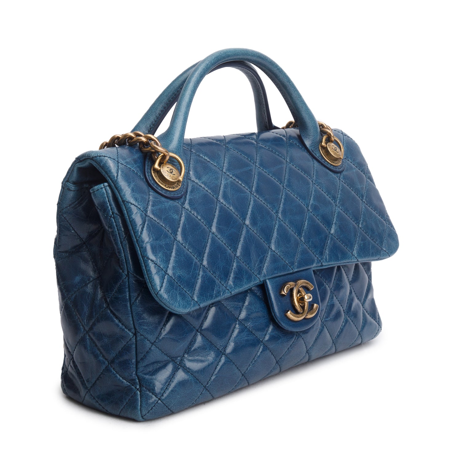 Chanel Blue Glazed Calfskin Castle Rock Medium Flap Bag w/ Authenticity Card