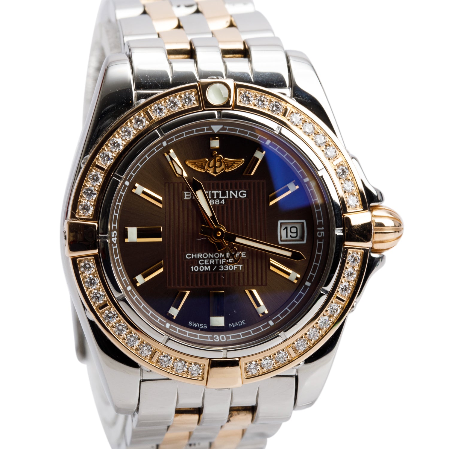 Breitling Stainless Steel & 18k Rose Gold Diamond Bezel Galactic Cockpit 32 MM Quartz Watch Bronzel Dial C71356 w/ Box & Papers