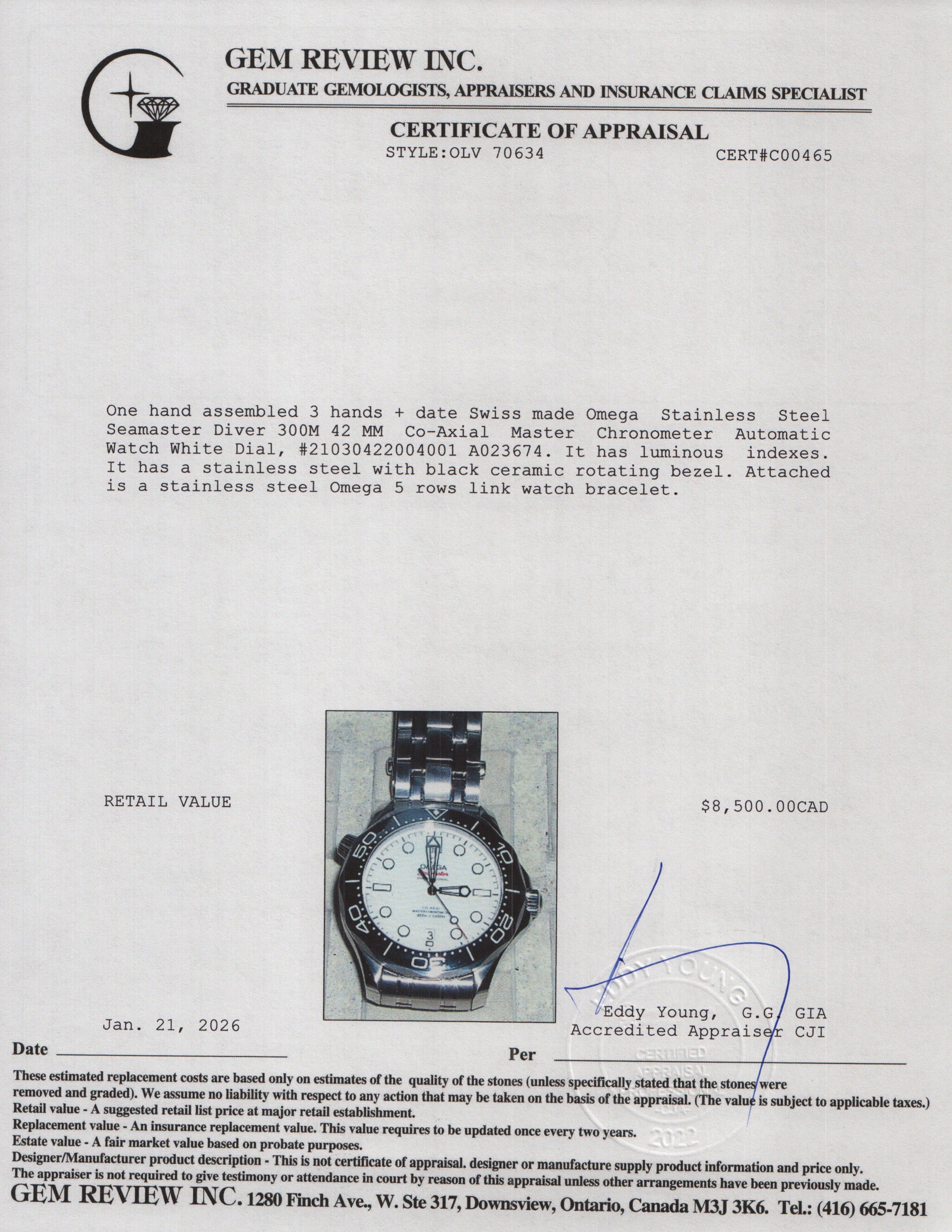 Omega Stainless Steel Seamaster Diver 300M 42 MM Co-Axial Master Chronometer Automatic Watch White Dial w/ Box & Papers