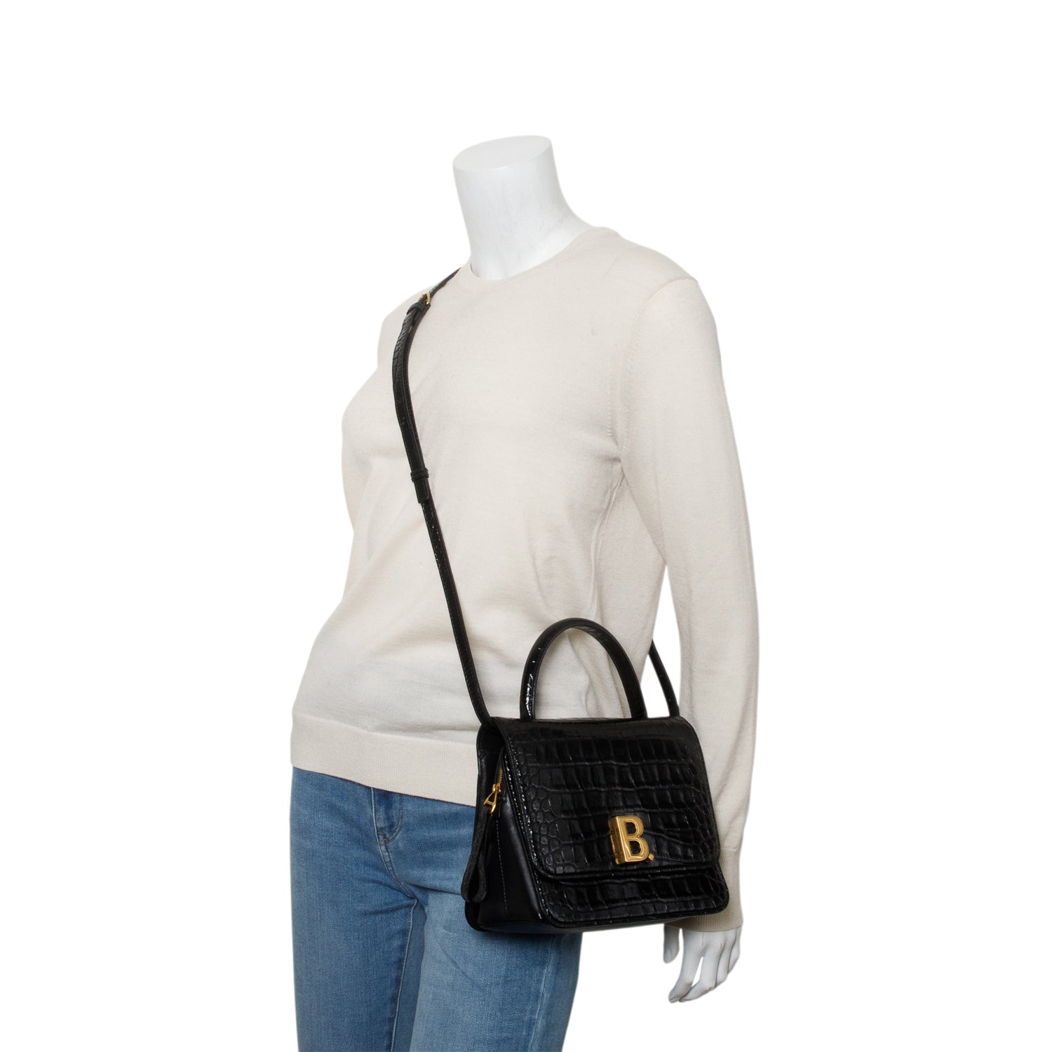 Balenciaga Black Shiny Calfskin Croc Embossed B.Dot Flap Bag w/ Strap