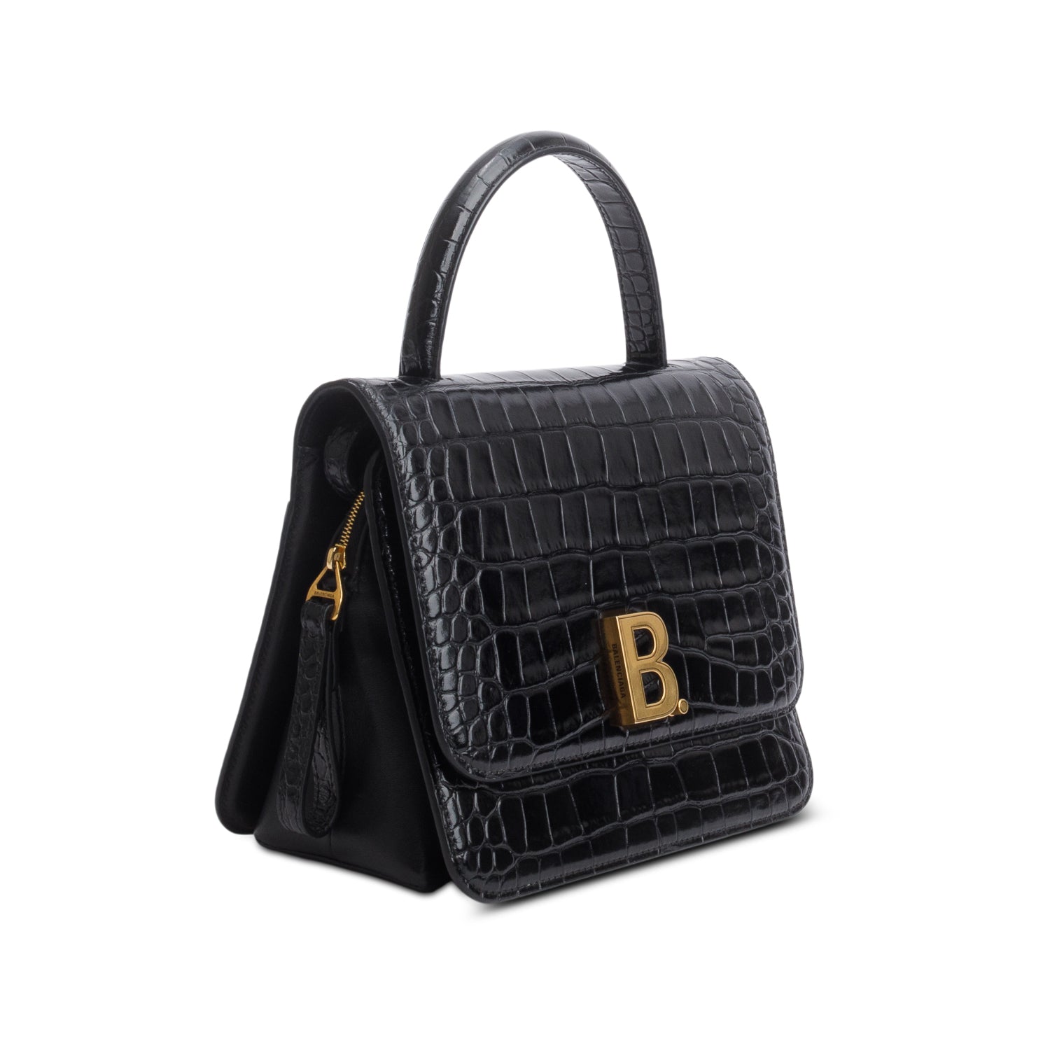 Balenciaga Black Shiny Calfskin Croc Embossed B.Dot Flap Bag w/ Strap