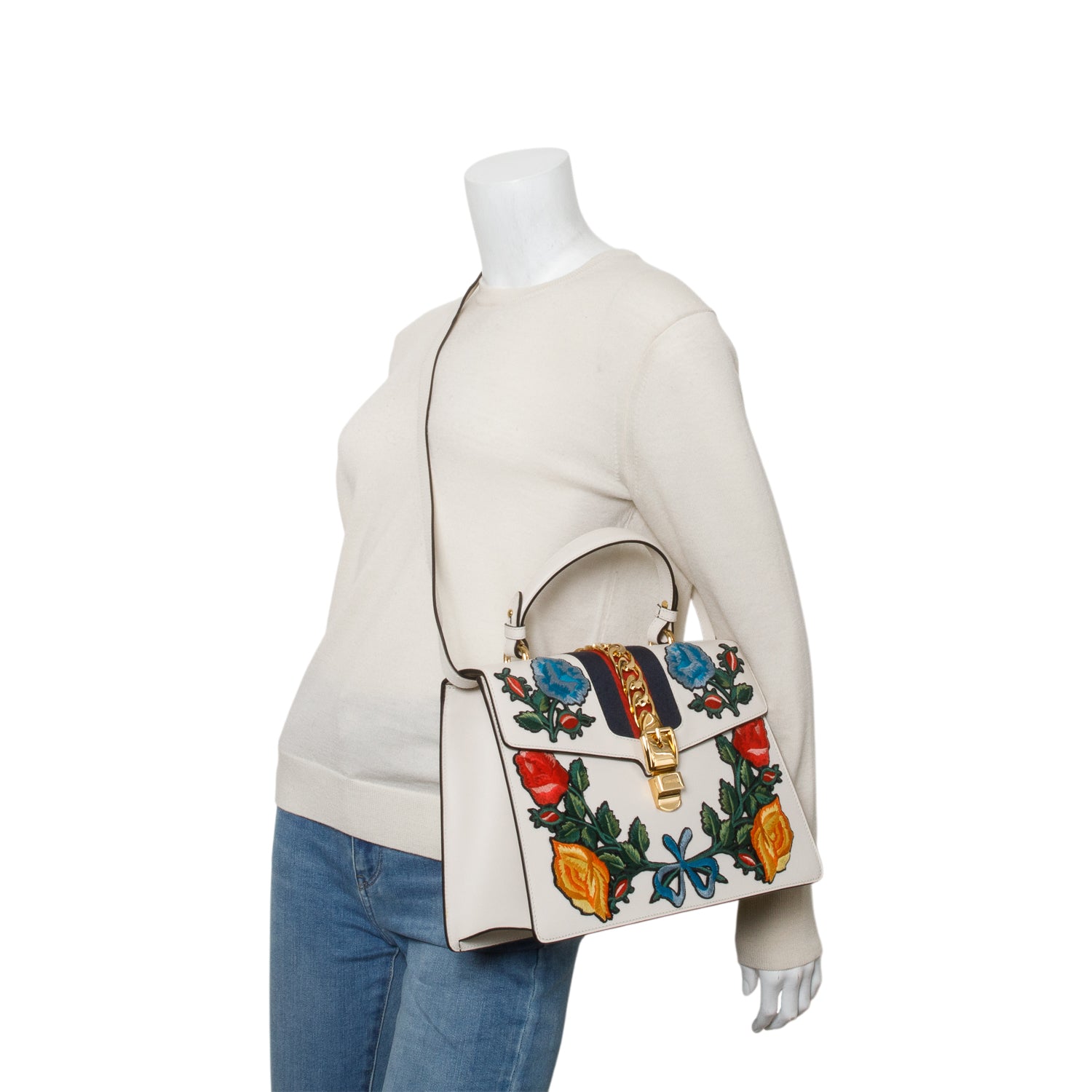 Gucci White Calfskin Embroidered Medium Sylvie Top Handle Bag w/ Strap