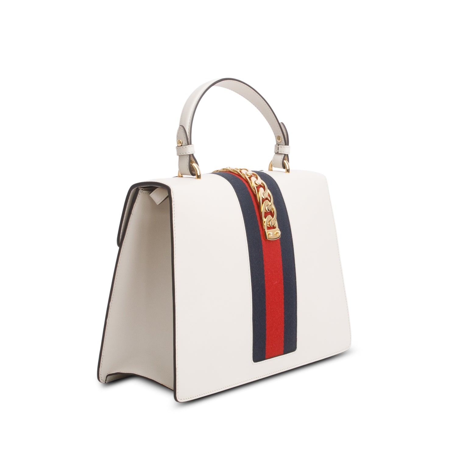 Gucci White Calfskin Embroidered Medium Sylvie Top Handle Bag w/ Strap