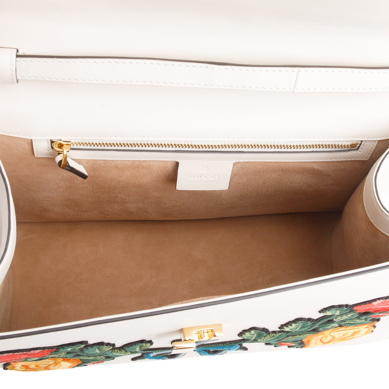 Gucci White Calfskin Embroidered Medium Sylvie Top Handle Bag w/ Strap