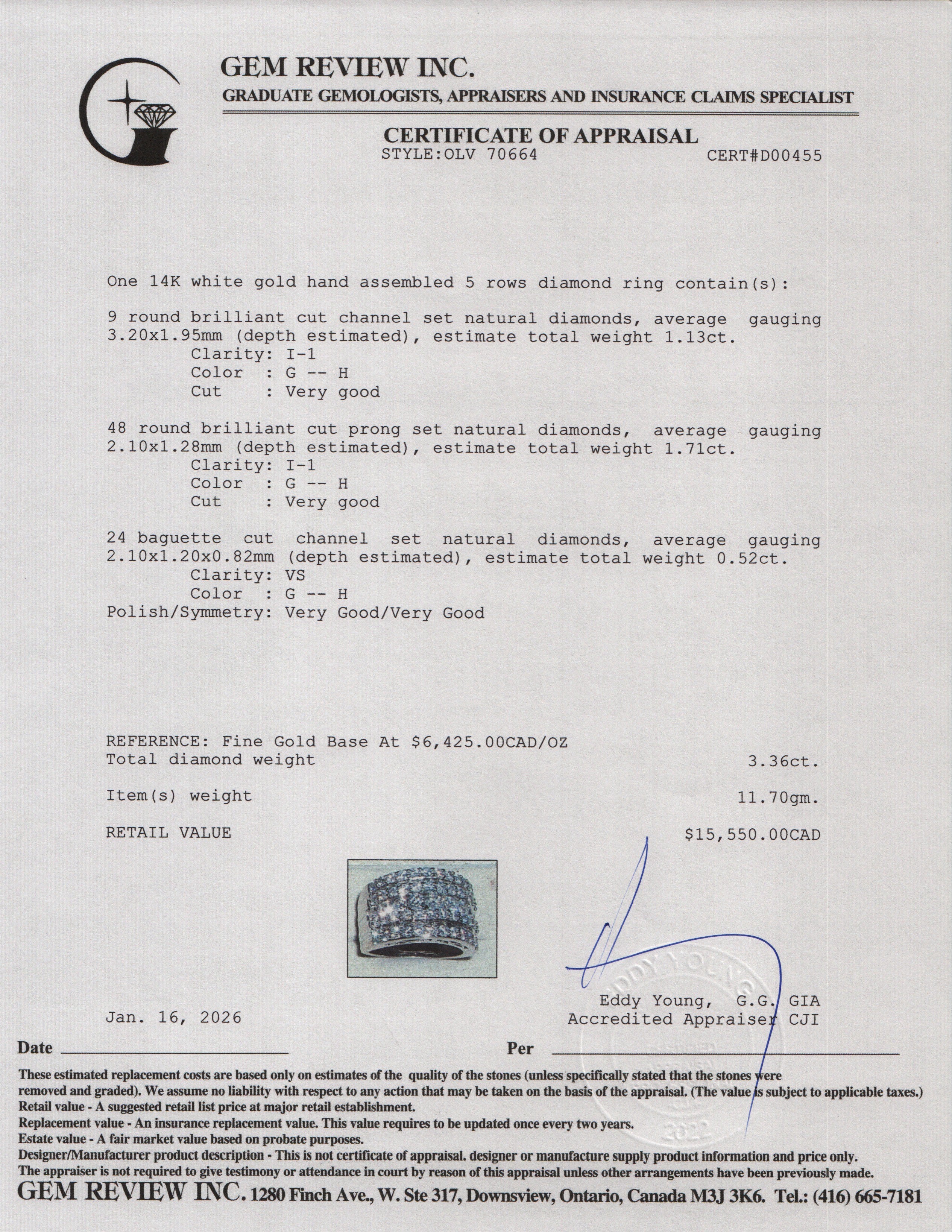 14k White Gold Five-Rows Diamond Band Ring, Size 6.75