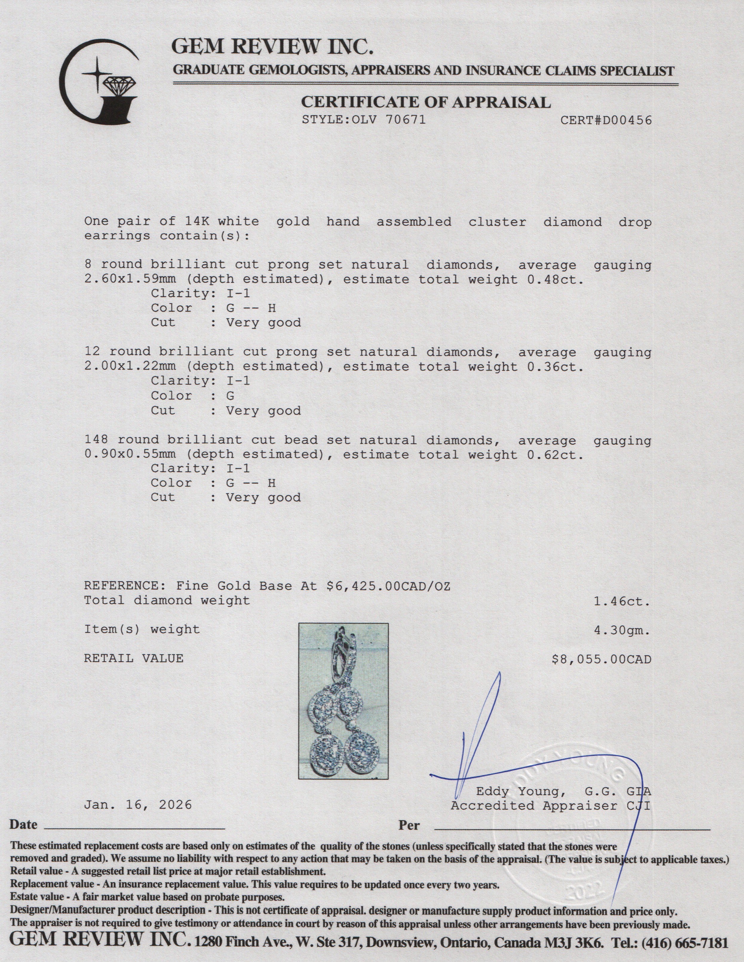 14k White Gold 1.46 tcw. Cluster Diamond Drop Earrings