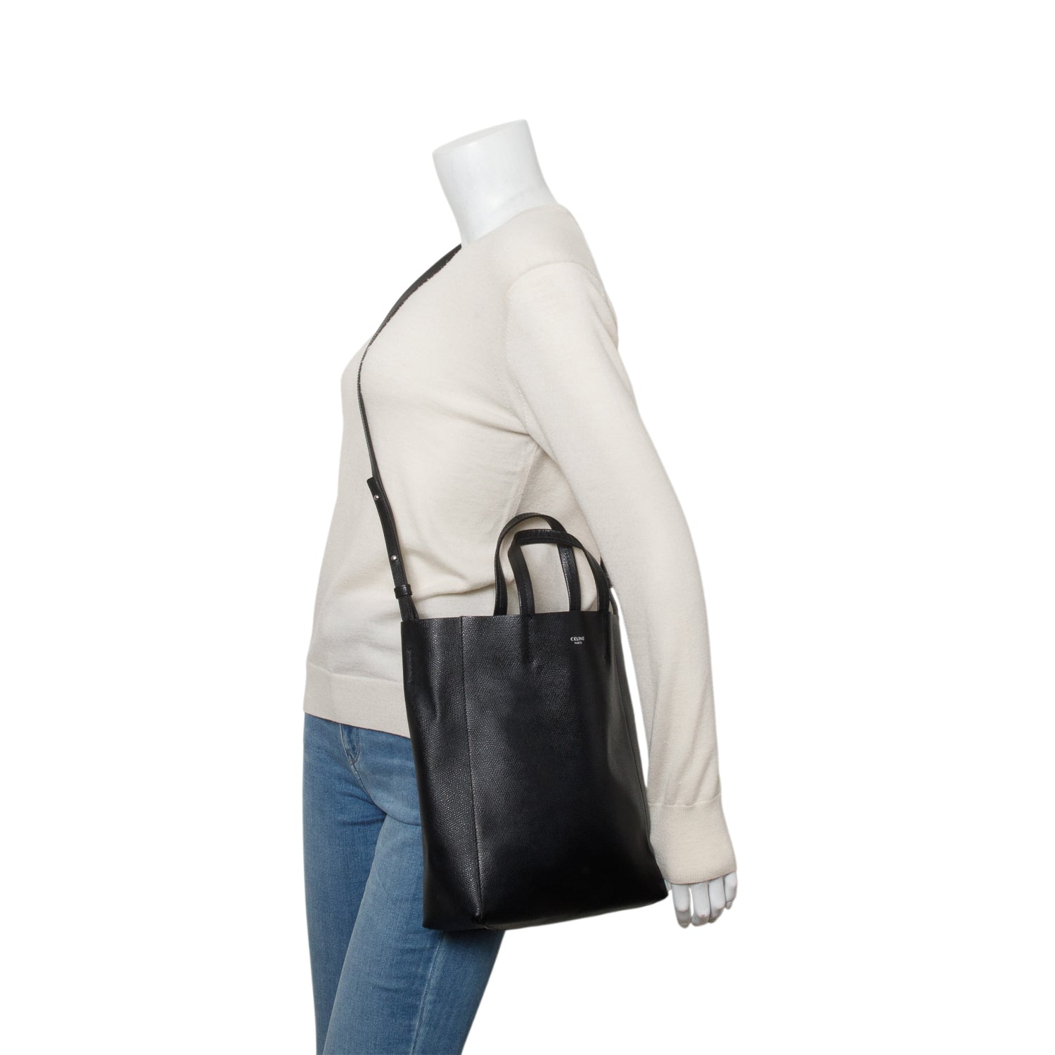 Celine Black Grained Calfskin Small Vertical Cabas Tote w/ Strap