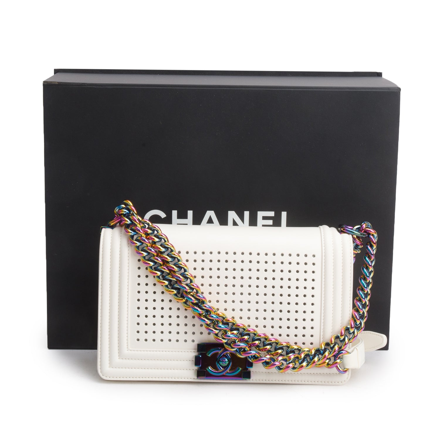 Chanel Iridescent Metal White Lambskin Leather LED Medium Boy Bag w/ Box & Authenticity Card