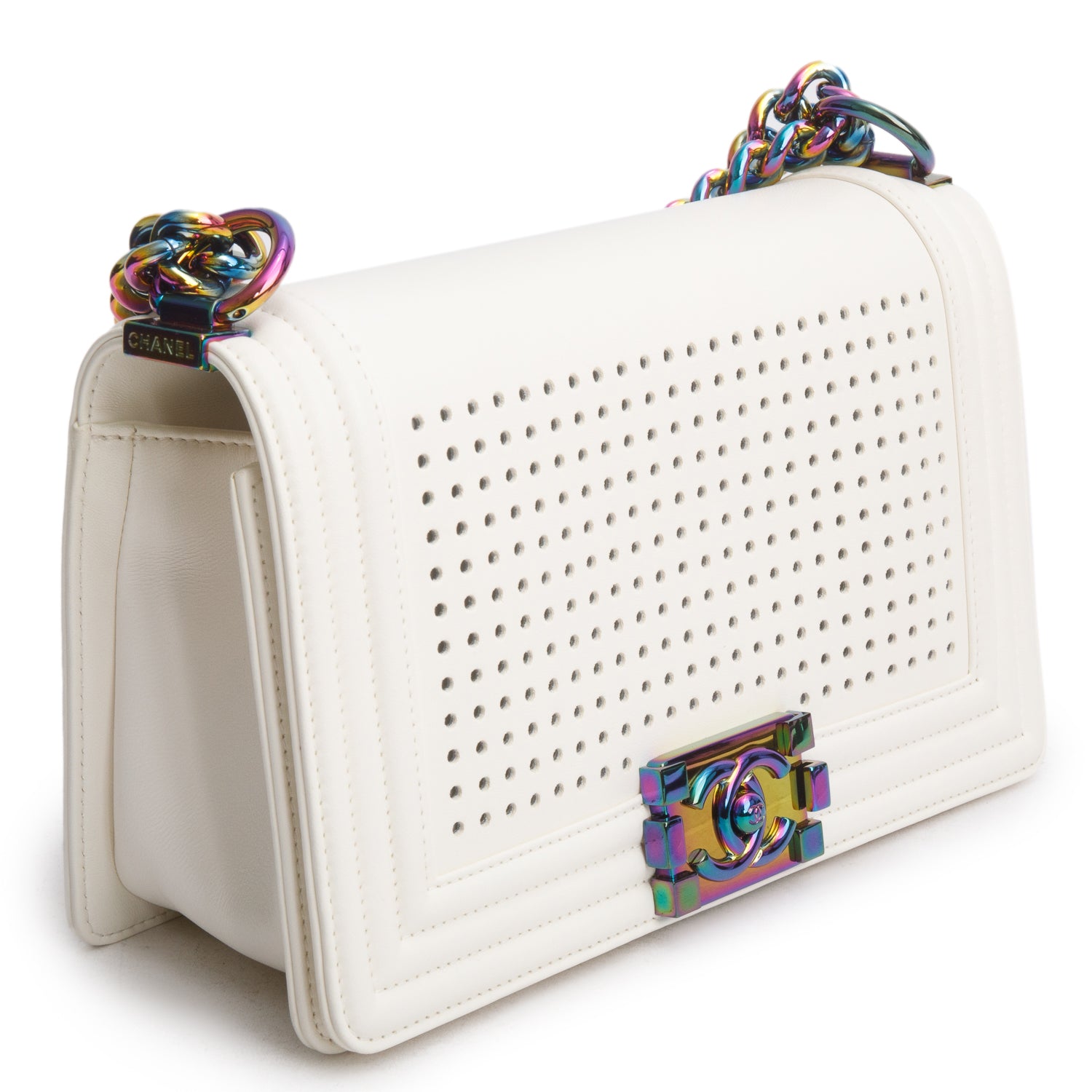 Chanel Iridescent Metal White Lambskin Leather LED Medium Boy Bag w/ Box & Authenticity Card